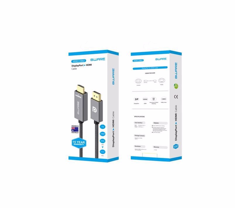 8ware 1m DisplayPort DP to HDMI Male to Male Adapter Converter Cable Retail Pack 1080P Nylon Braide for Video Card PC Notebook to Monitor Projector TV
