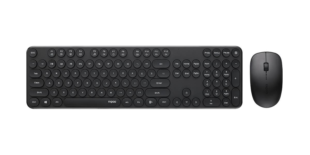 RAPOO Wireless Stylish, Spill-Resistant, Retro Style Round Key, 1000DPI, 2.4G Connection, 10M Range, Nano Receiver, Optical Mouse & Keyboard Black
