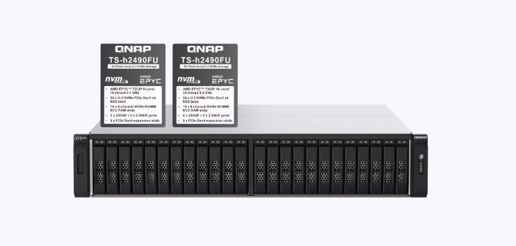 QNAP TS-h1290FX-7302P-128G, 12-Bay U.2 NVMe PCIe Gen4 x4 all-flash desktop NAS, AMD EPYC 7302P, 12 x 2.5" U.2 NVMe / SATA SSD bays, 128GB RDIMM RAM, 5 Yrs WTY