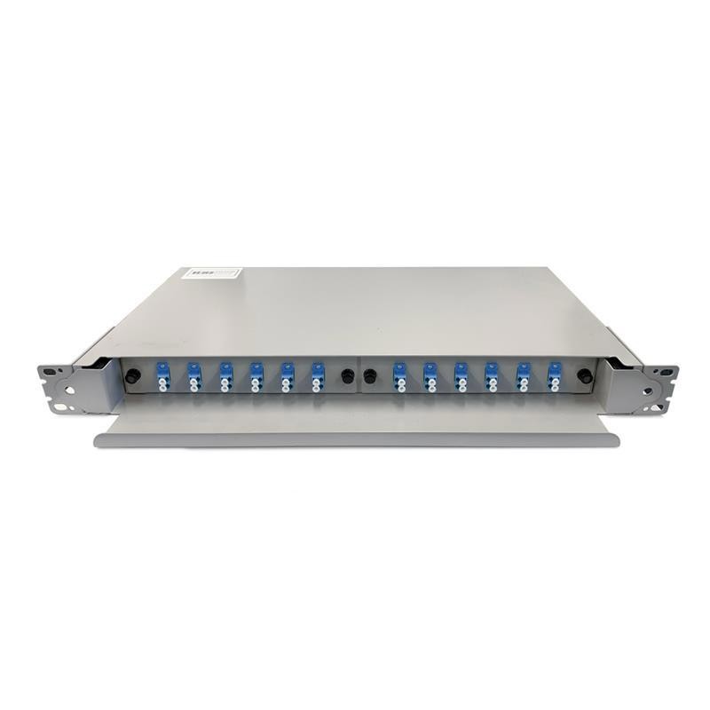 LC OS2 24 Port 1RU Fibre Sliding Patch Panel With Splice Cassette Splice Protector & Mounting Kit