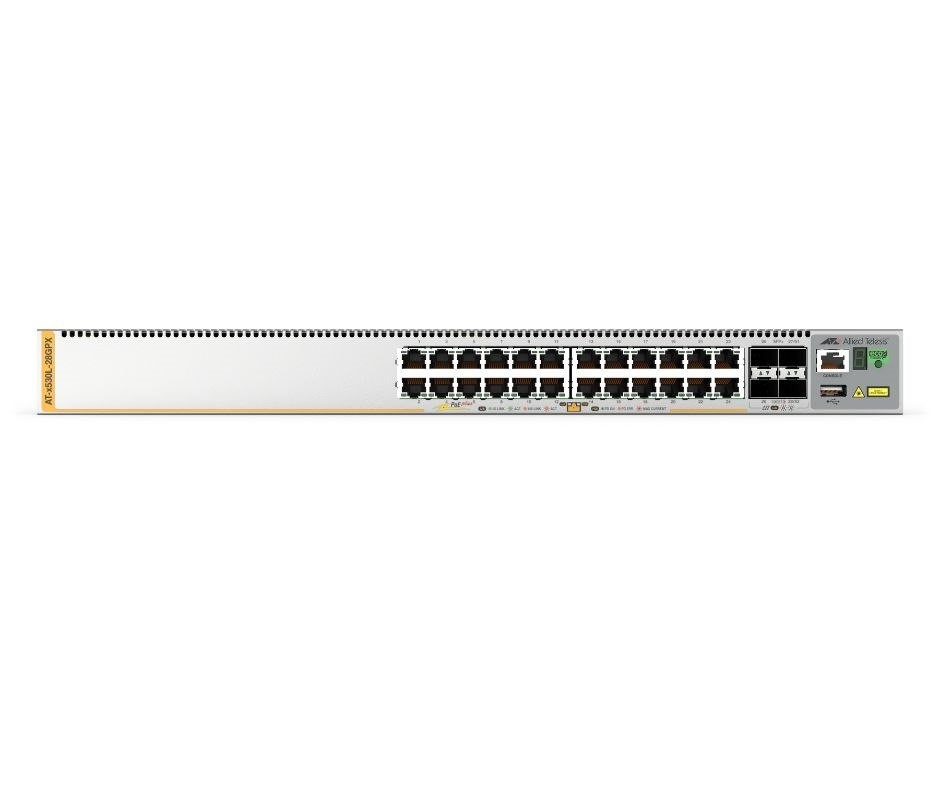 Allied Telesis 24-port 100/1000T PoE+ stackable L3 switch with 4 SFP+ ports and 2 fixed power supplies, AU Power Cord.