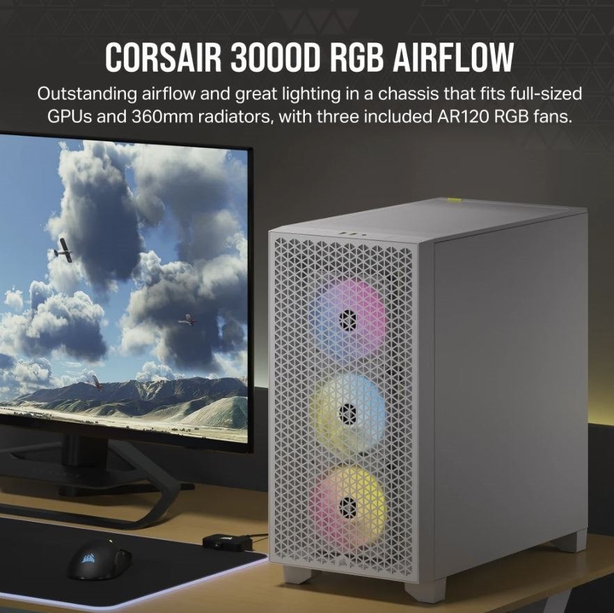 Corsair 3000D RGB AIRFLOW Mid-Tower PC Case - White, ATX, 360 GPU, 170 CPU cooler, 220 PSU, 3x AR120 RGB, 2x USB-A Gen 1
