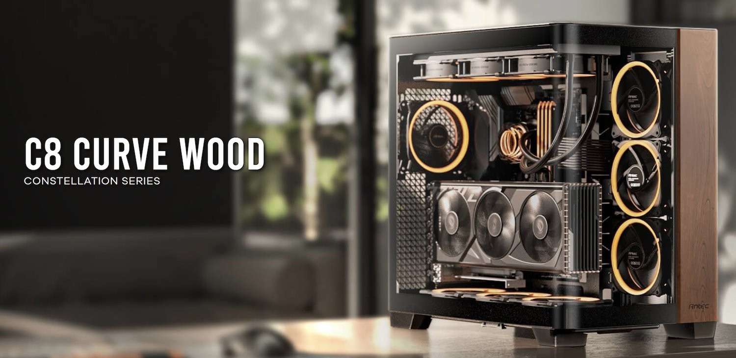 Antec C8 CURVE Wood E-ATX, ATX Seamelss View Front and Side, USB-C, 4mm Tempered Glass, 360mm liquid cooler top, bottom, side. 2x USB 3.0 Black Case