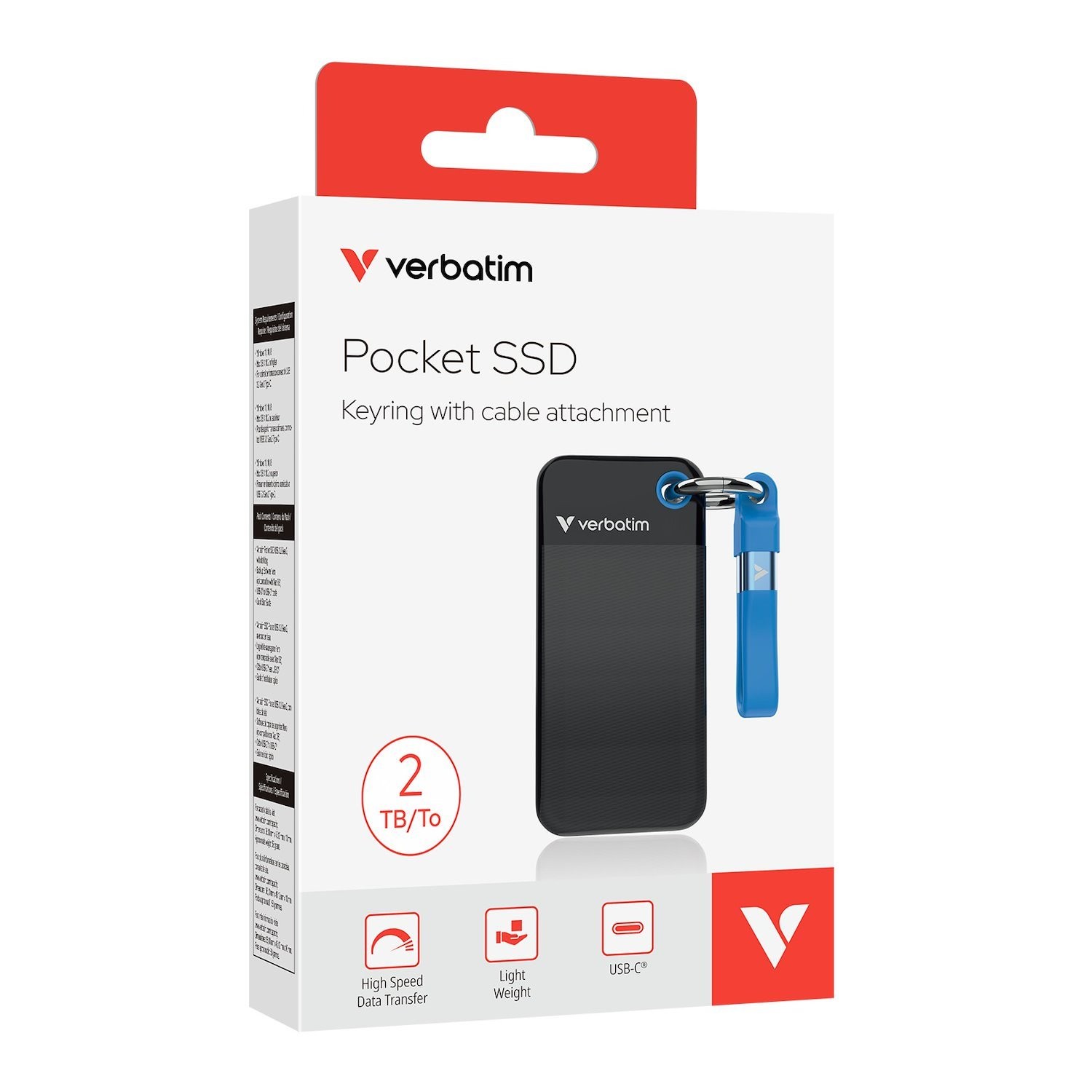 Verbatim Pocket SSD USB 3.2 Gen 2 2TB Black/Blue, Convenient keyring and cable holder keeps your cable neat and tangle-free Verbatim Pocke