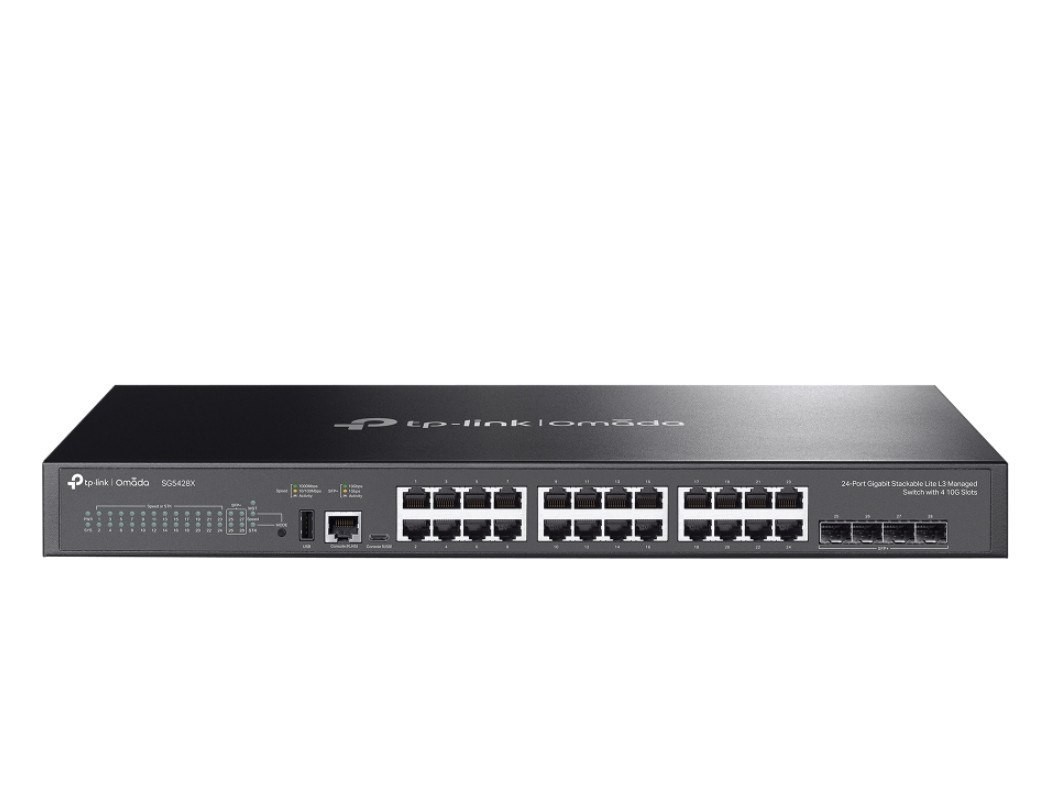 TP-LinkOmada 24-Port Gigabit Stackable Lite L3 Managed Switch with 4 10G Slots
PORT: 24× Gigabit RJ45 Ports, 4× 10G SFP+ Slots, RJ45/USB Type C Console Port, 1×