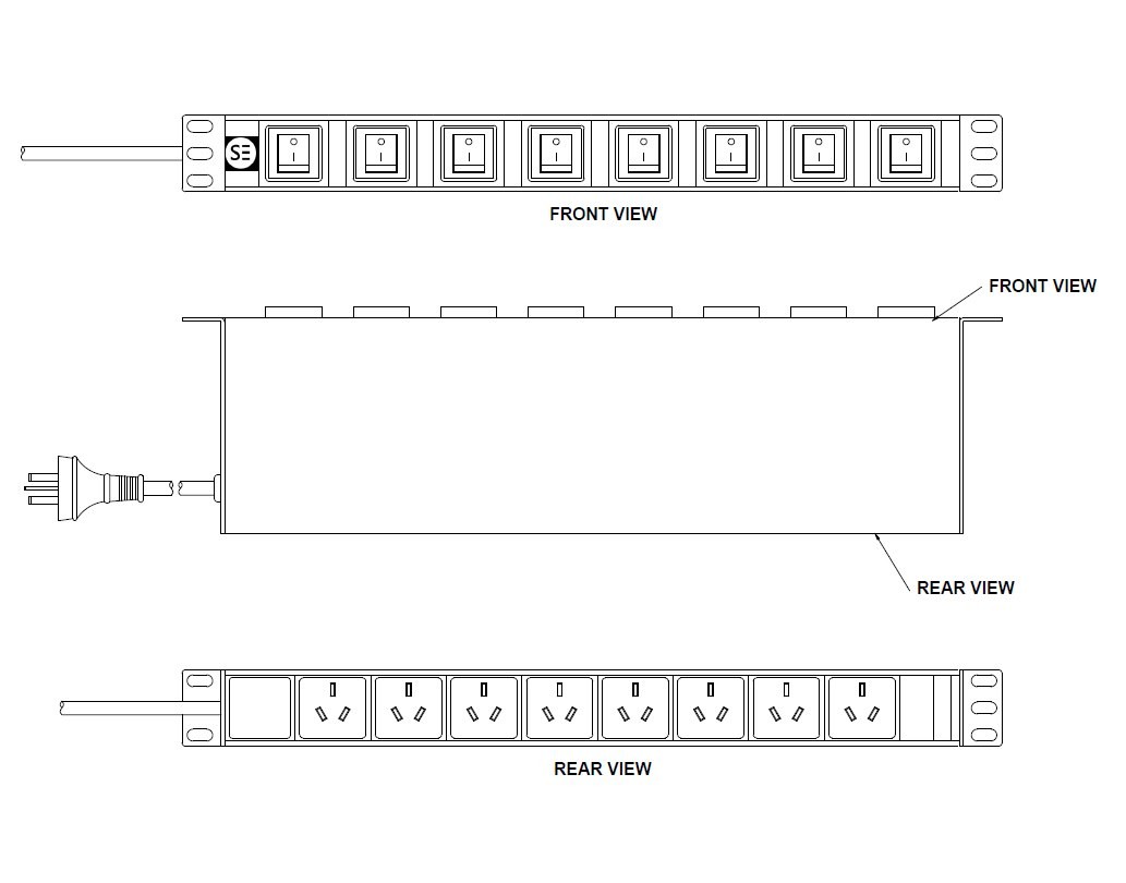 Serveredge Basic 1RU 8 Port PDU (8) 3 Pin AUS GPO Output (1) 3 Pin Aus Plug Input 10A 240V with Individual Switches (Aluminium Frame)