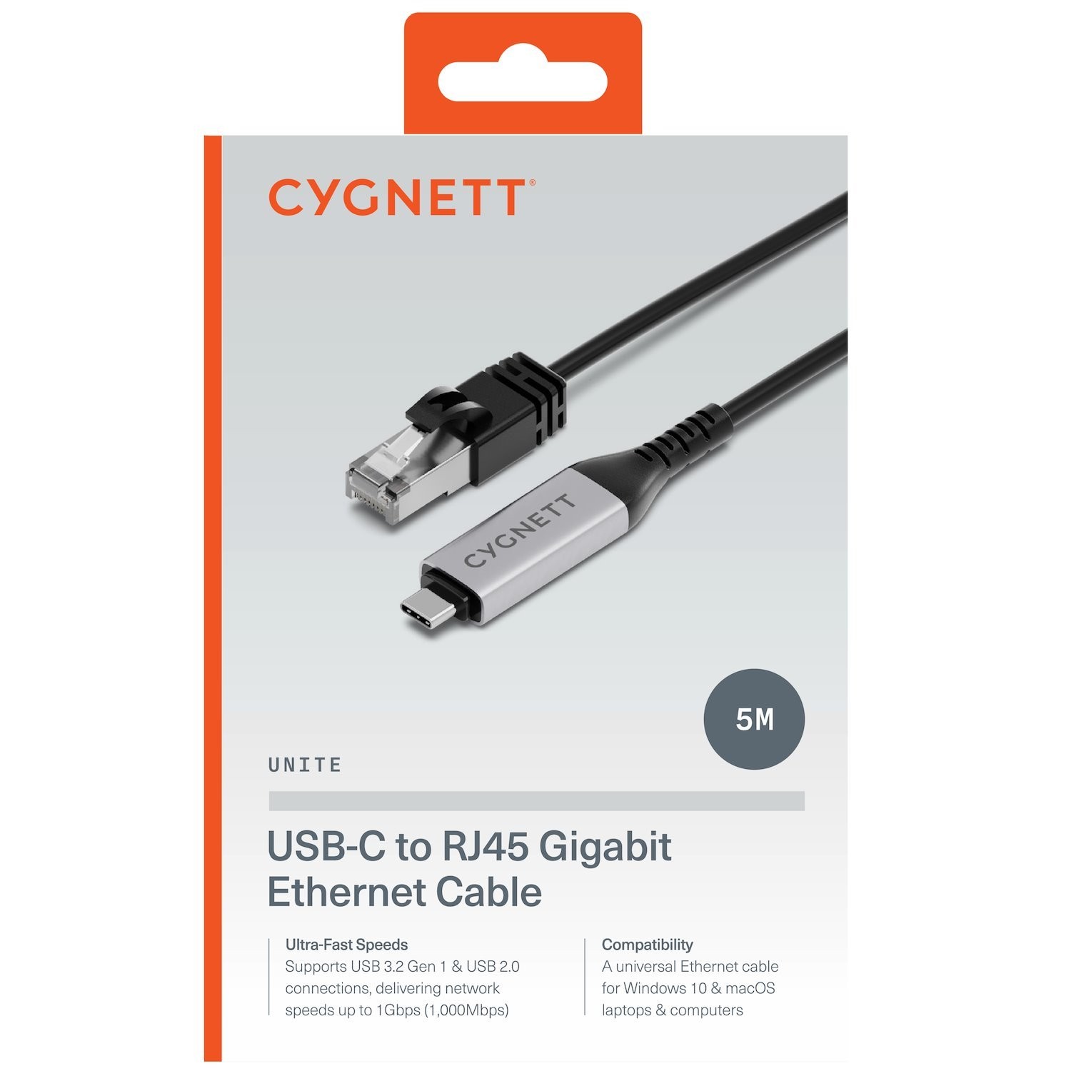 Cygnett Unite USB-C To RJ45 Ethernet Cable Gigabit (5M) - Black(CY5506PCCCE), 1Gbps, USB 3.2, Universal Compatibility, 2 Years Warranty