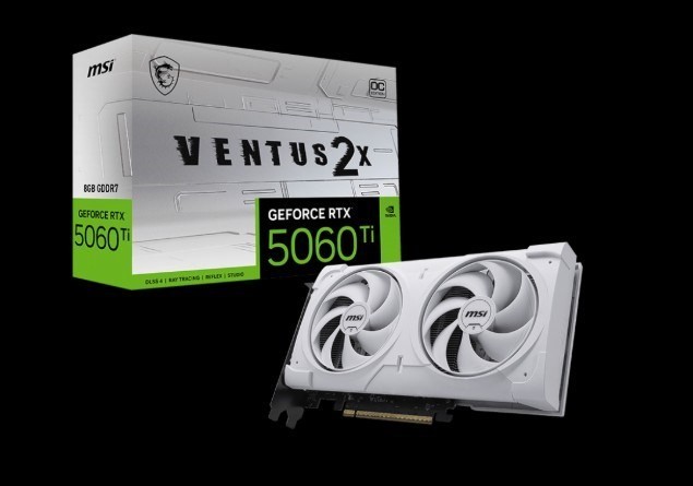 MSI nVidia GeForce RTX™ 5060 Ti 8G VENTUS 2X OC WHITE PLUS, PCI Express® Gen 5 x16, Boost: 2602 MHz, CUDA 4608 Units, 8GB GDDR7, HDMI x 1