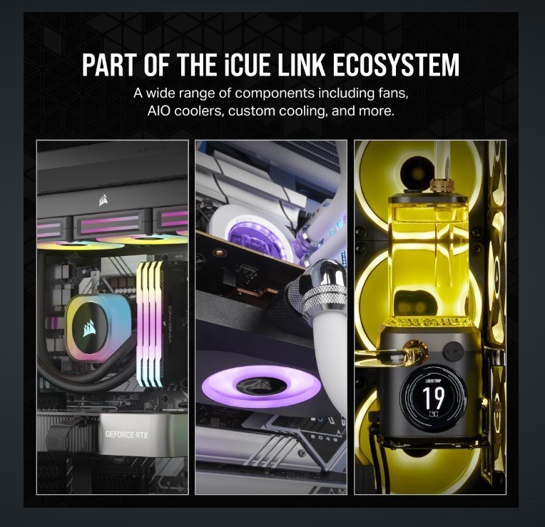 Corsair RX120 Icue Link RX120 120MM PWM Fan Triple Starter Kit. Black Fan - Glass Fiber-Reinforced LCP Fan Blades