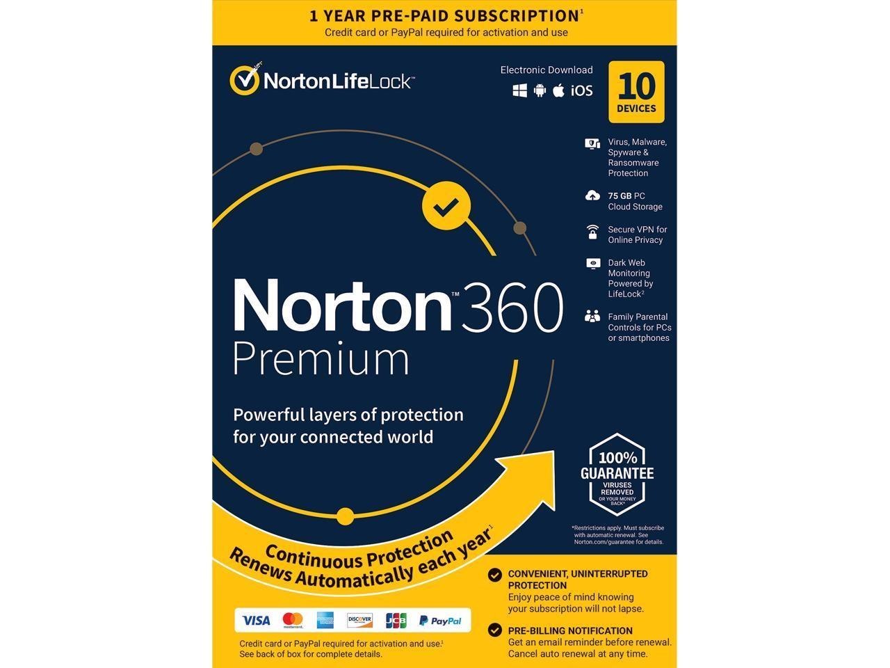 Norton 360 Premium 2023 - 10 Devices - 1 Year With Auto Renewal - Key Card