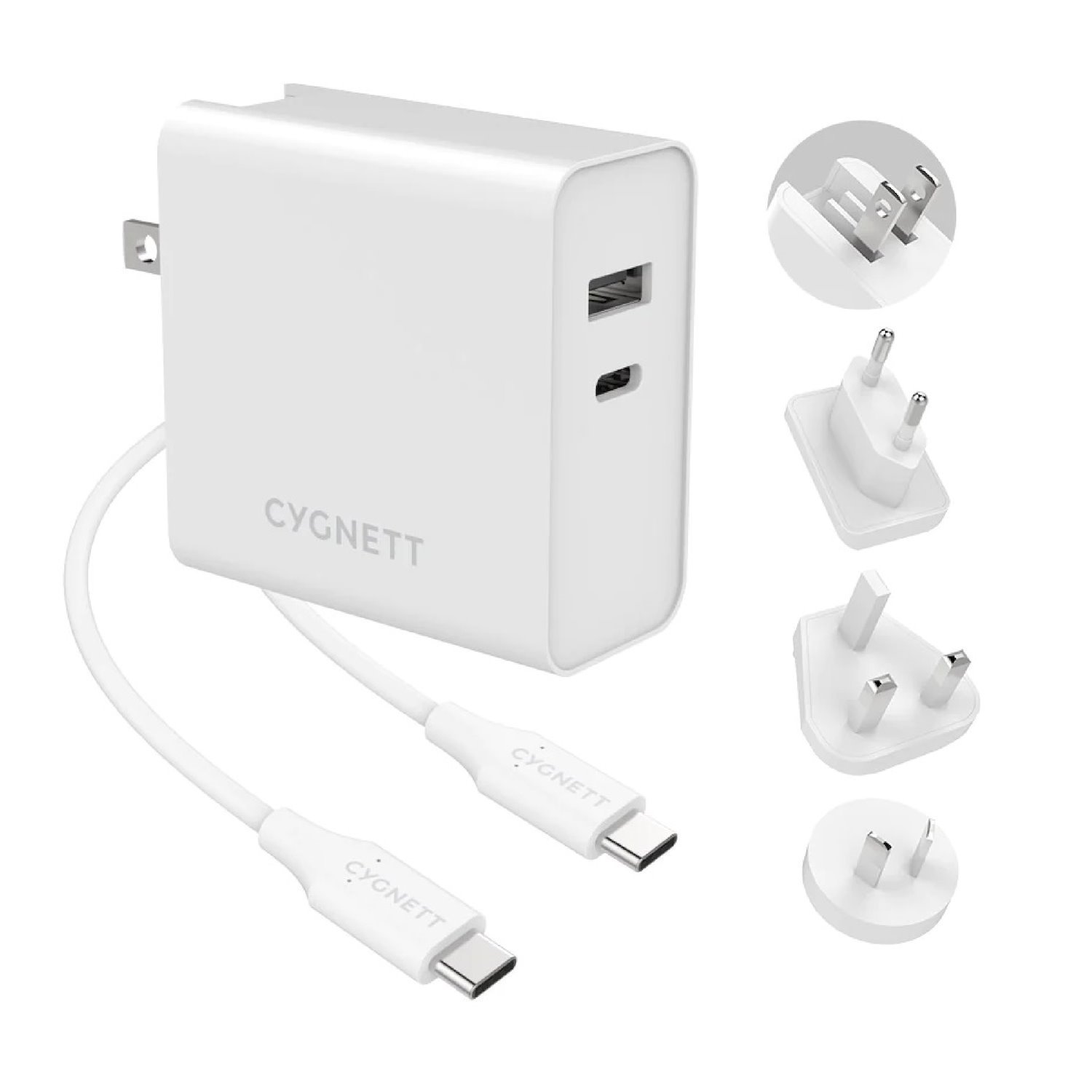 Cygnett 60W Dual Wall Charger (Usb-A & Usb-C) + Usb-C To Usb-C Cable (1.5M) + Travel Adapters - White (Cy3090poplu), Charge 2X Devices Simultaneously