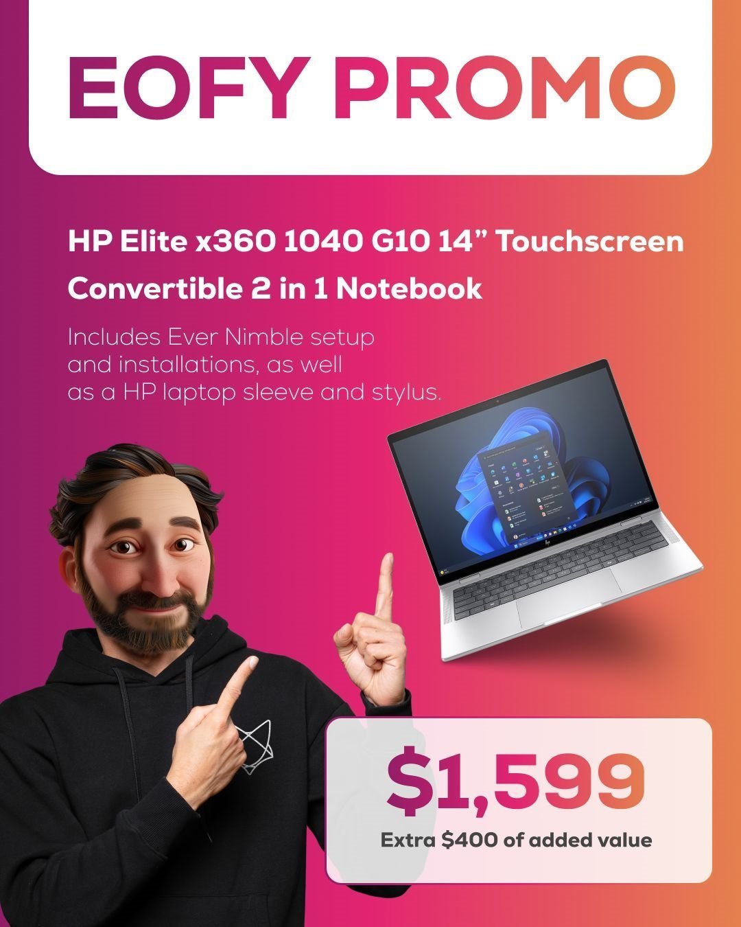 HP Elite x360 1040 G10 14" Touchscreen Convertible 2 in 1 Notebook - Included Ever Nimble Set Up, Stylus and Laptop Sleeve