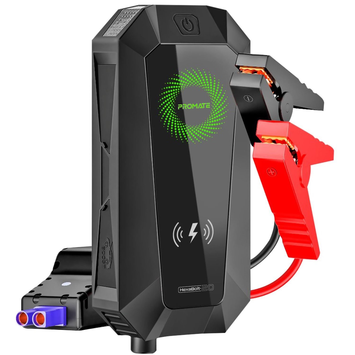 Promate Hexabolt-20 19000mAh Jump Starter Power Bank 1500A / 12V Peak Current - Dual Port - Led Flashlight - Wireless Charger & Safety Hammer - Smart Clamps For Short Circuit Protection - Led Indicato