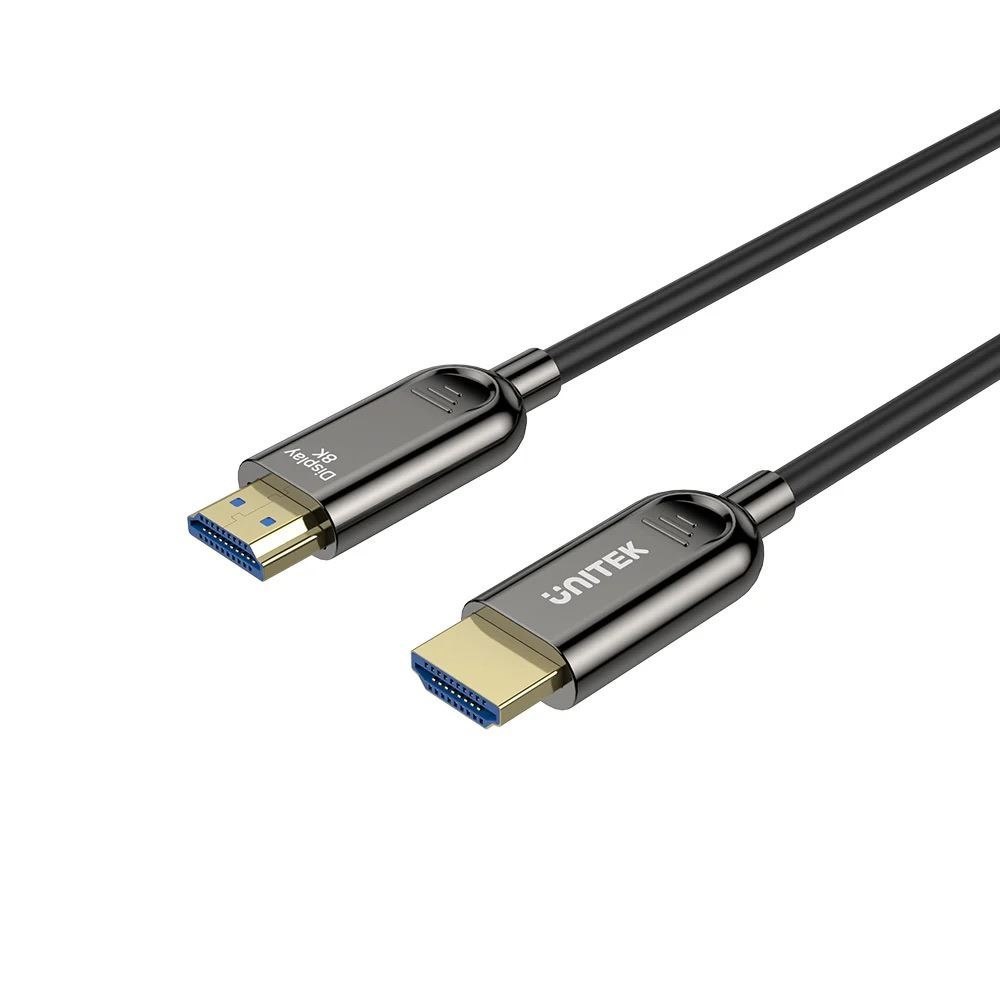 Unitek Hdmi 2.1 Hdmi Cable - 30M - Black Fiber Optic - Up To 8K 60Hz - Up To 48Gbps - 24K Gold-Plated Plug - Slim & Flexible - Alloy Housing