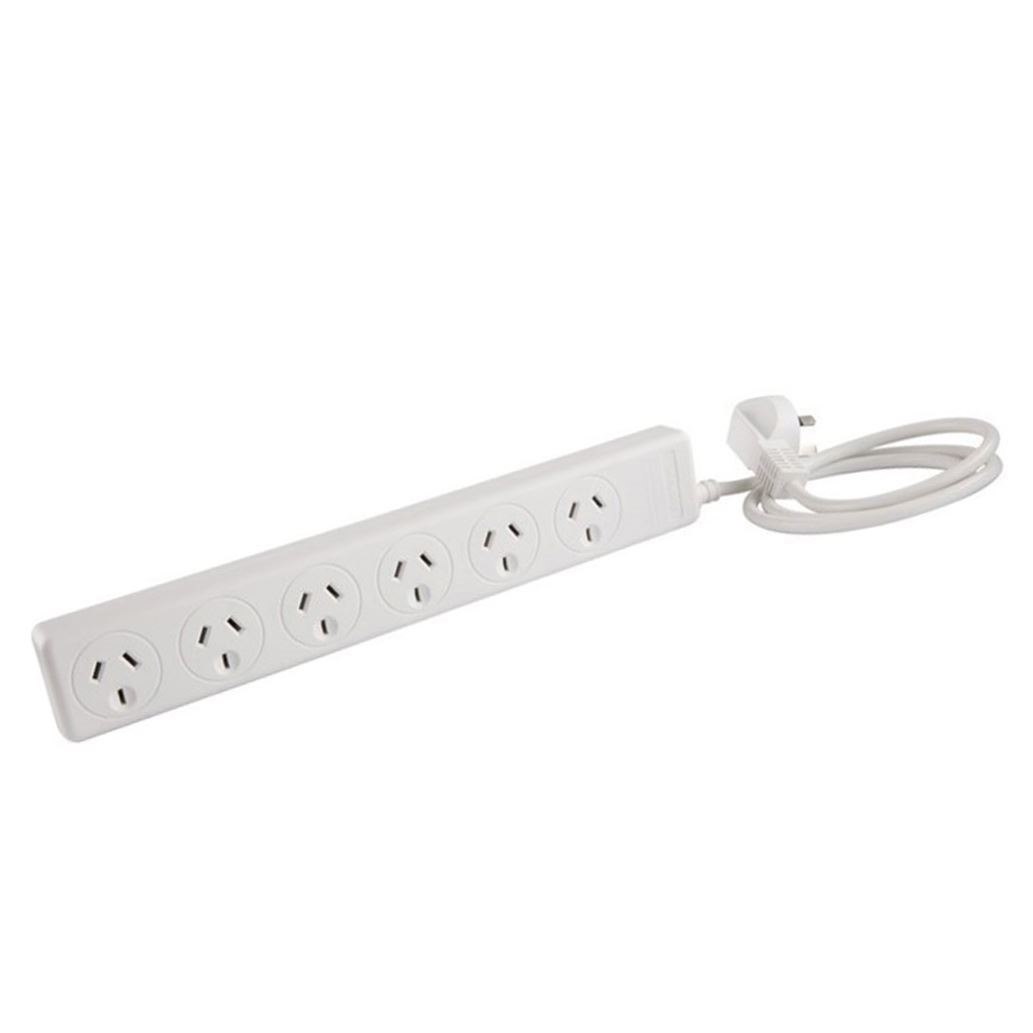 Jackson PT6868 6 Outlet 10A Powerboard With Overload Protection & 1M Lead Angled 3-Pin Plug - Wall Mountable - 230-240 Vac 50HZ - 2400W - Ideal For Printers / Computers / Laptops / TVs & More