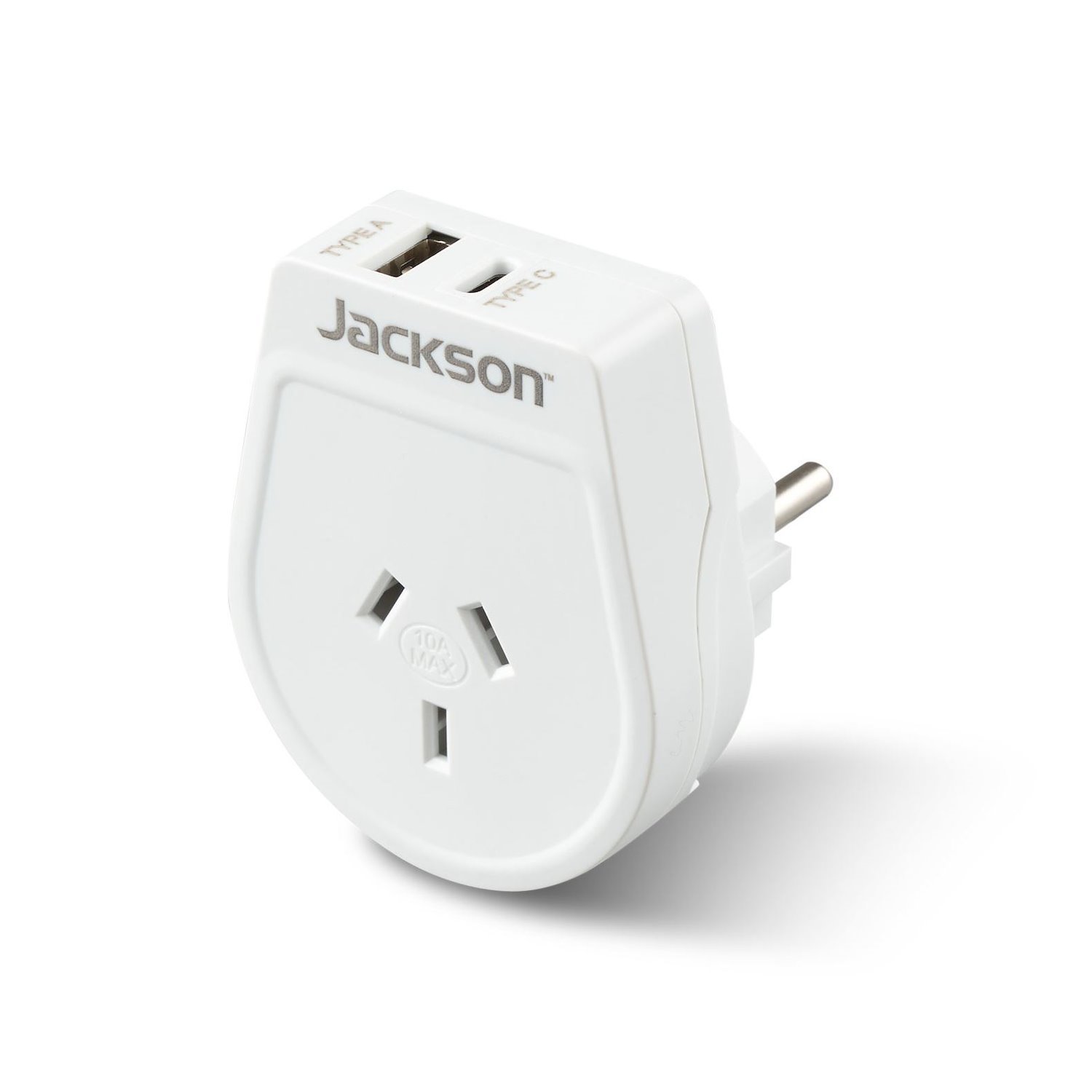 Jackson Pta8810usbmc Slim Outbound Travel Adaptor With 1X Usb-A & 1X Usb-C (2.1A) Charging Port Converts NZ / Au For Use In Europe / Bali / More