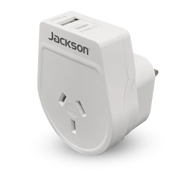 Jackson Pta8811usbmc Slim Outbound Travel Adaptor 1X Usb-A & 1X Usb-C (2.1A) Charging Ports Converts NZ / Au Plugs For Use In Uk / Hong Kong / More