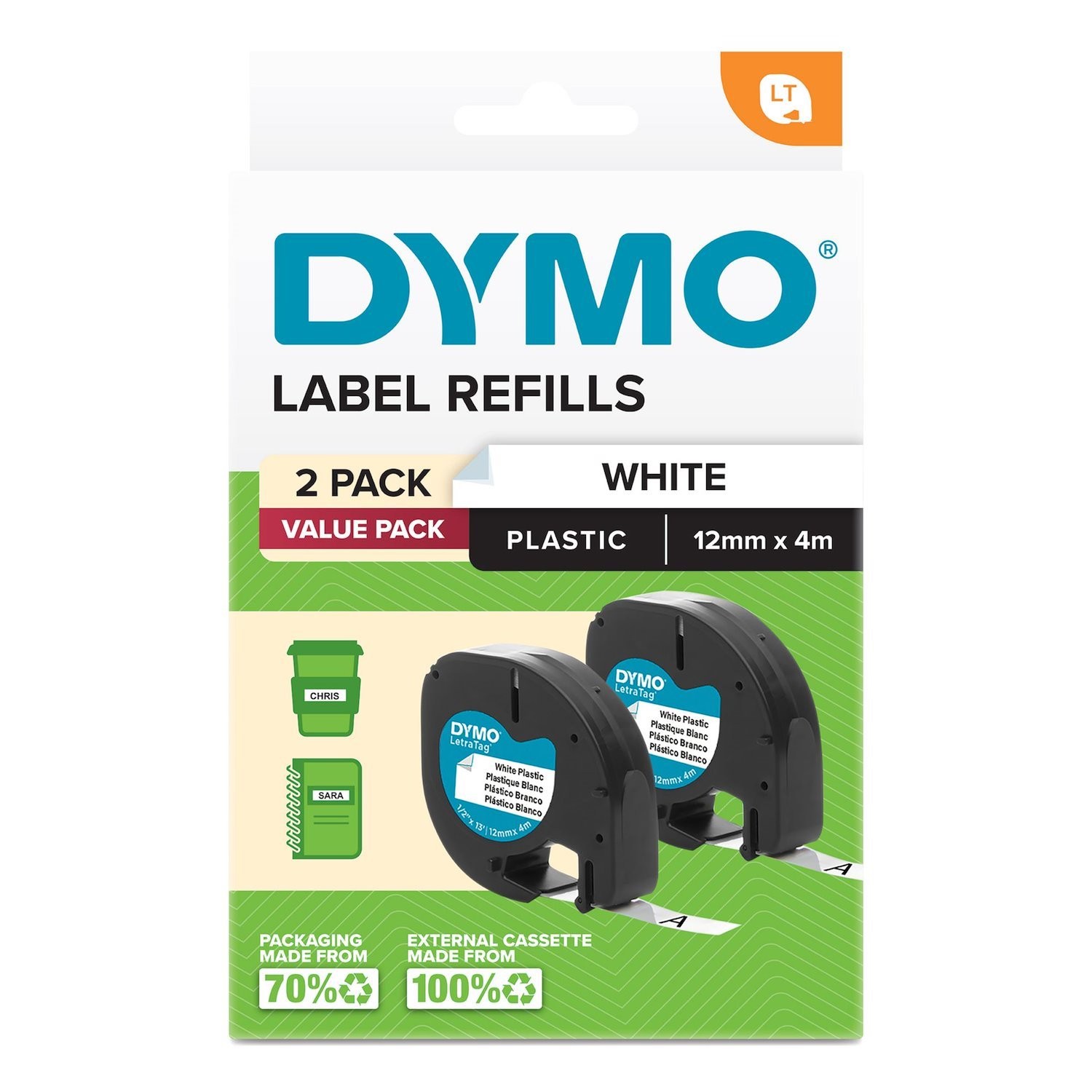 Dymo 2191235 LetraTag Plastic Tape 12MM X 4M White 2-Pack