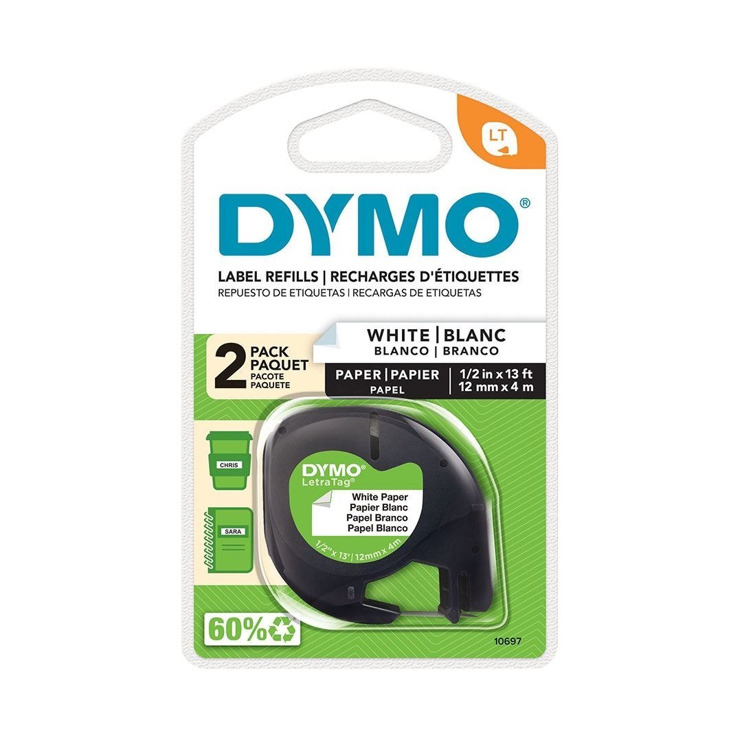 Dymo 10697 Paper Label Tape 12MM X 4M White 2Pack