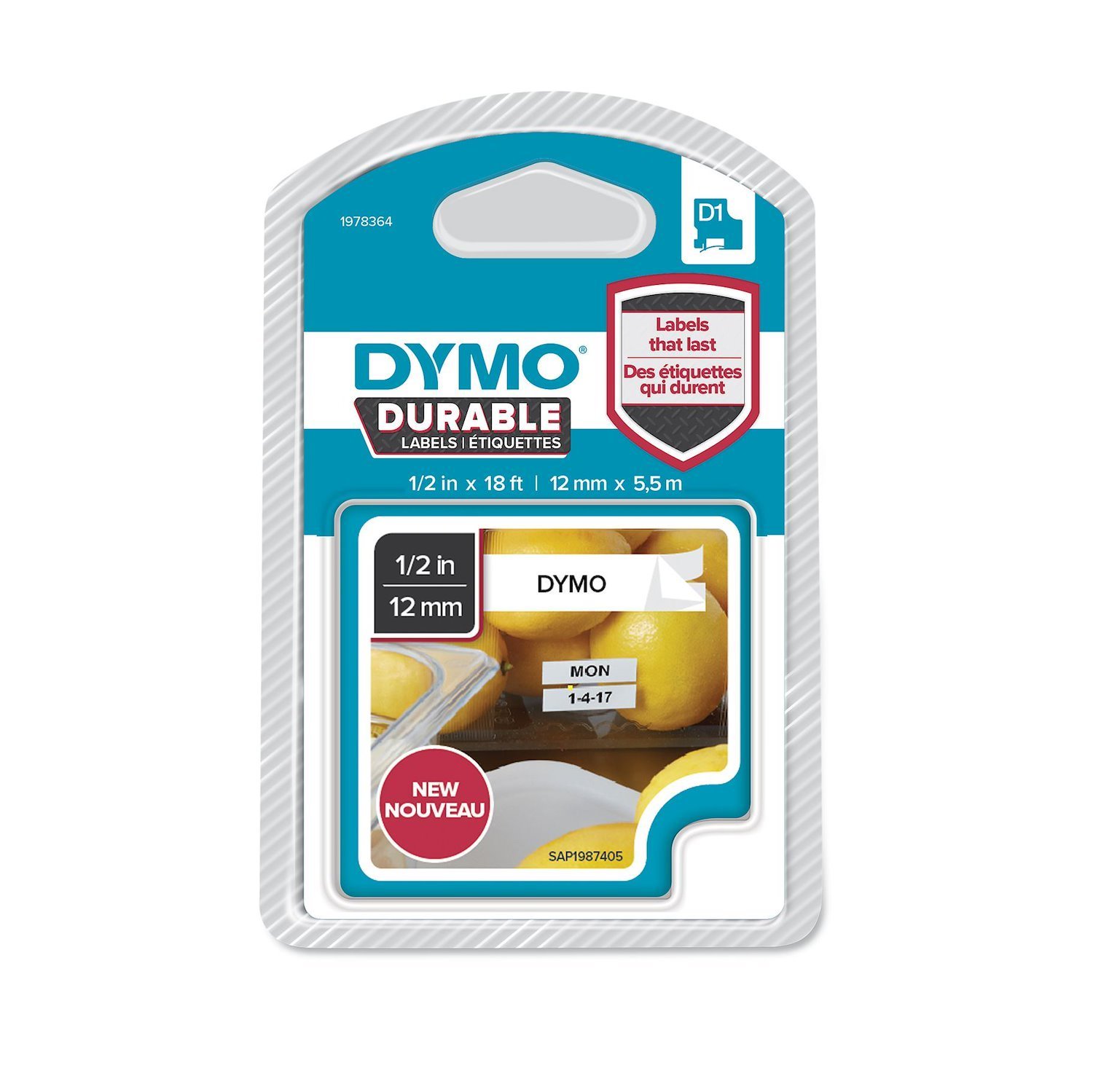 Dymo 1978364 D1 Durable 1/2"X18 (12MMX5M) BLK/WHT