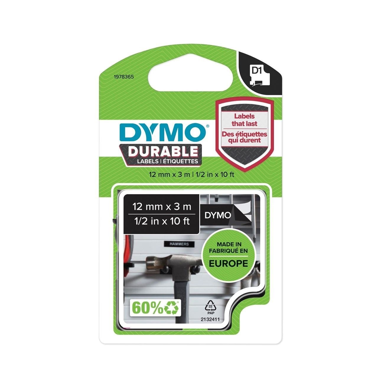 Dymo 1978365 D1 Durable 1/2"X10 (12MMX3M) WHT/BLK