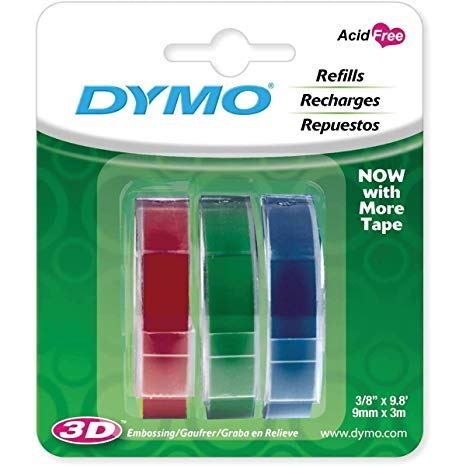 Dymo Embossing Labels 3 Multi-Pack Blue Red Green 9MM X 3M