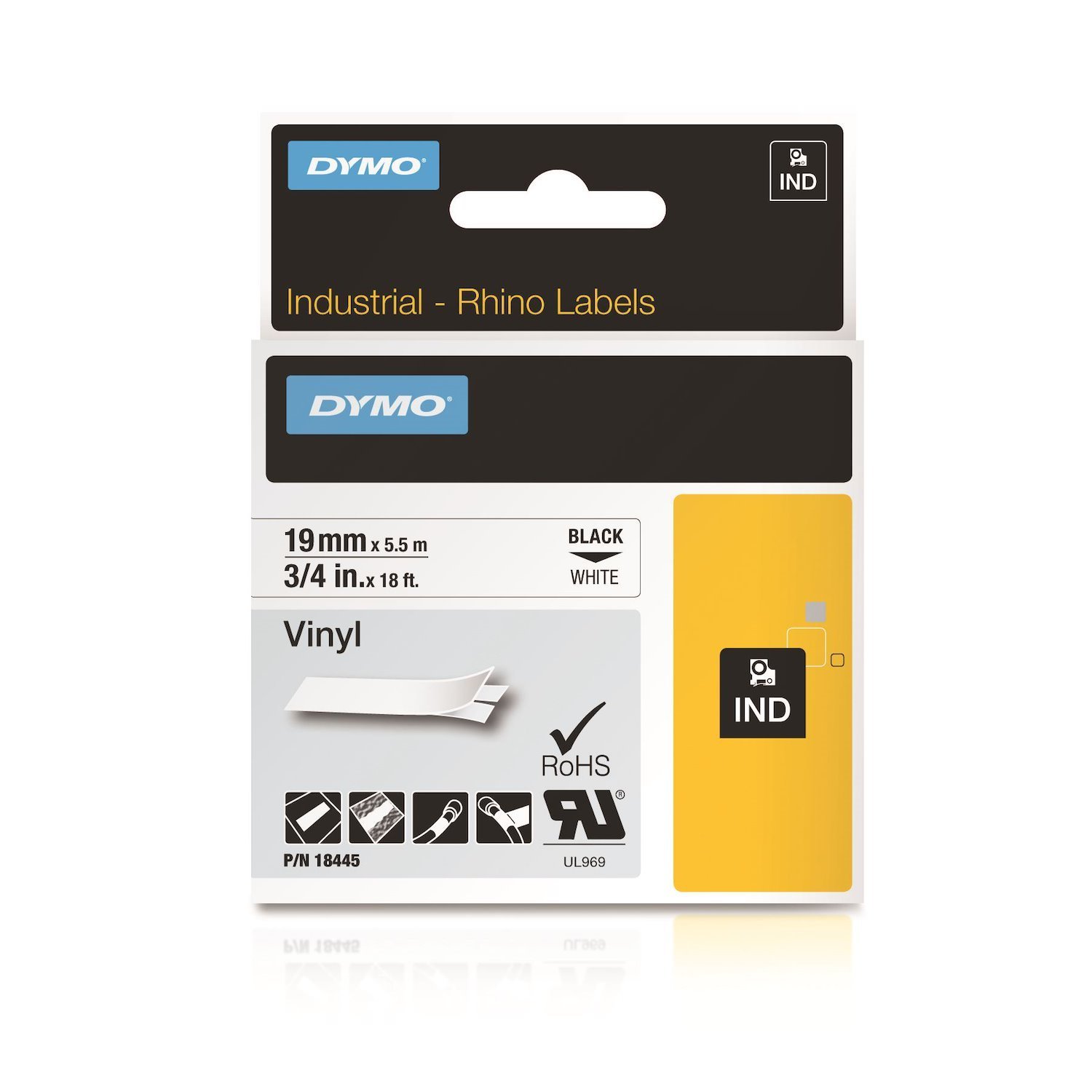Dymo 18445 Rhino Vinyl Black On White 19MM