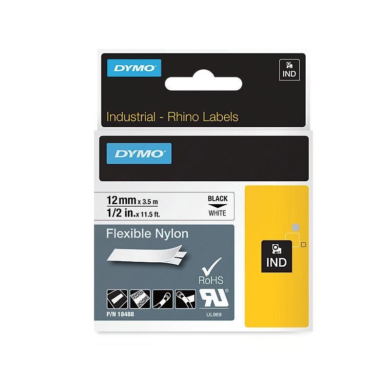 Dymo SD18488 Black On White Flexible Nylon For Dymo Industrial Rhino Label Makers 12MM 3.5M