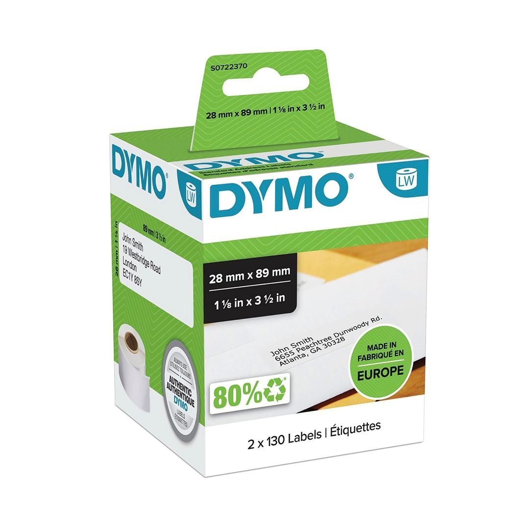 Dymo S0722370 LabelWriter Address Labels (Self-Adhesive) 28 X 89 MM - Black Print On White Two Rolls Of 130