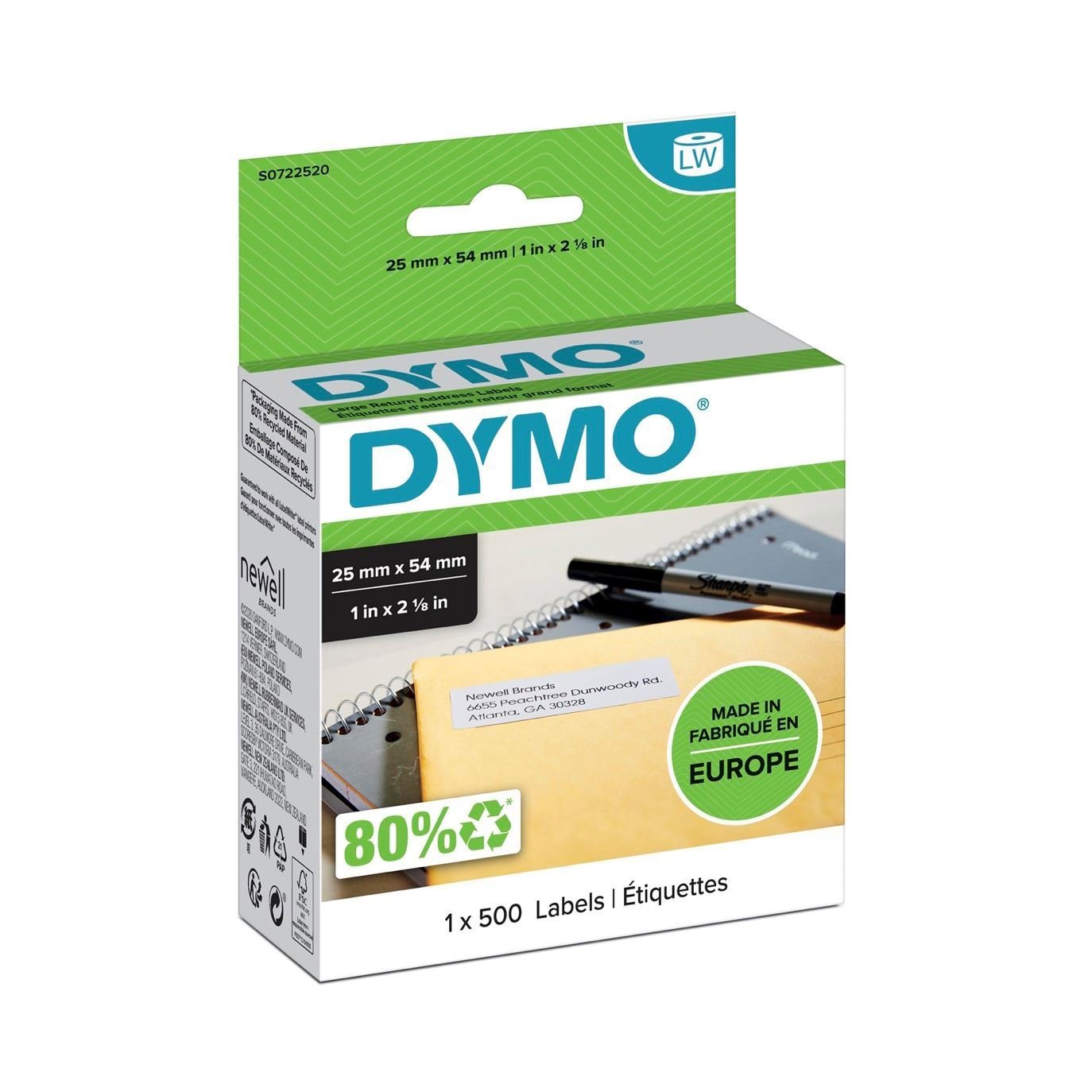 Dymo S0722520 LW LBL Return Address 25X54MM 1 Roll 500 Labels/Roll