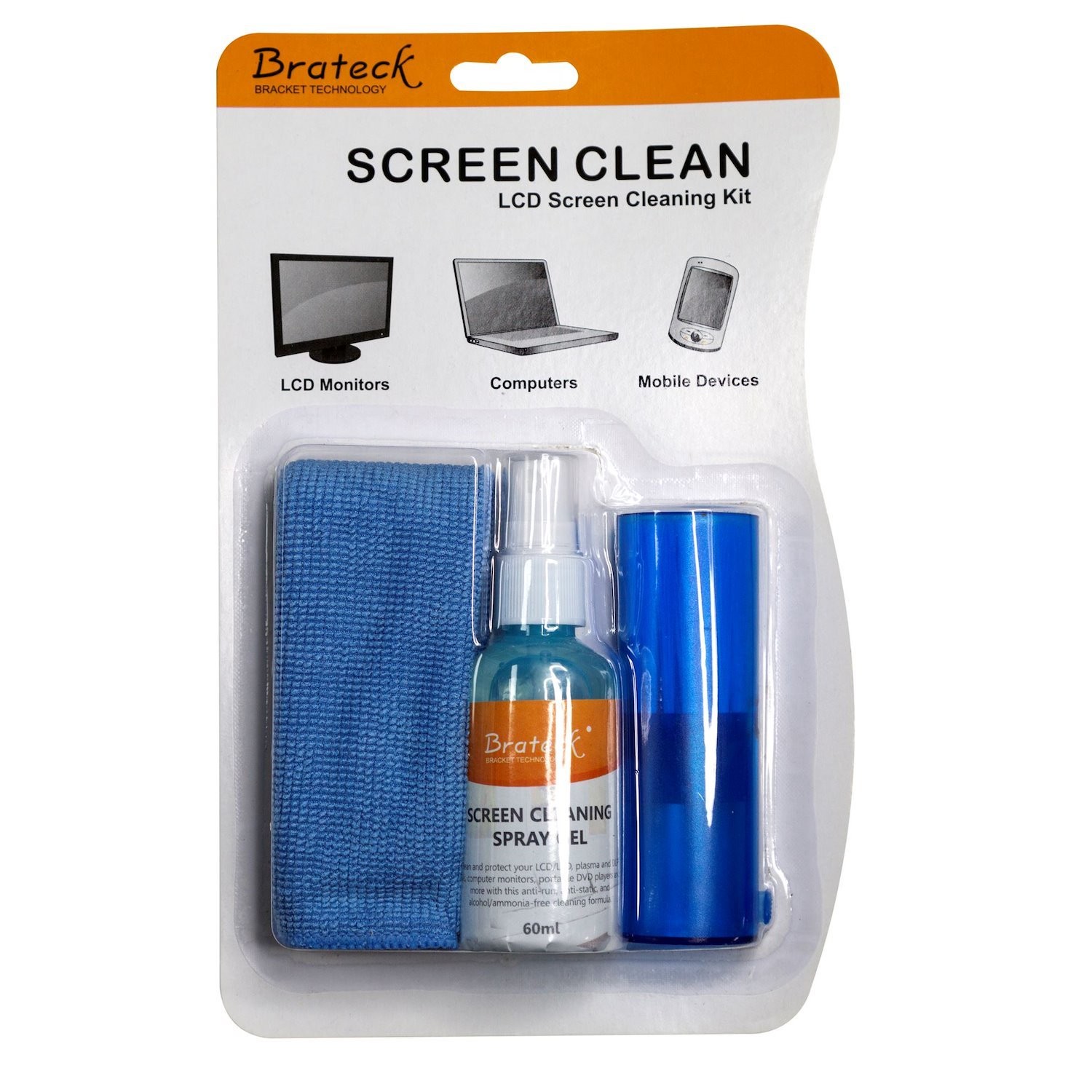 Brateck CK-SC1 Ammonia Free Screen LCD Cleaning Kit - Includes 60ML Non-Drip Cleaning Liquid Antistatic Brush And 20X20CM Microfibre Cloth