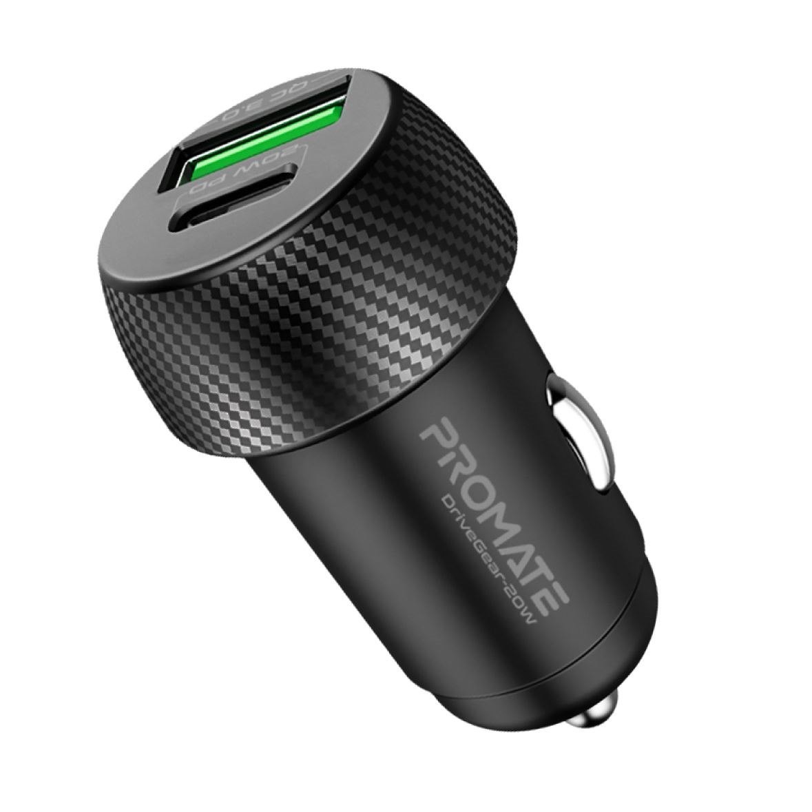 Promate Drivegear-20W Promate 20W Dual Port Car Charger With QC3.0 And Usb-C Port. ChargetwoDevices Simultaneously. Built In Surge Protection And Temperature Control. Charge Devices Up To 80% In 35