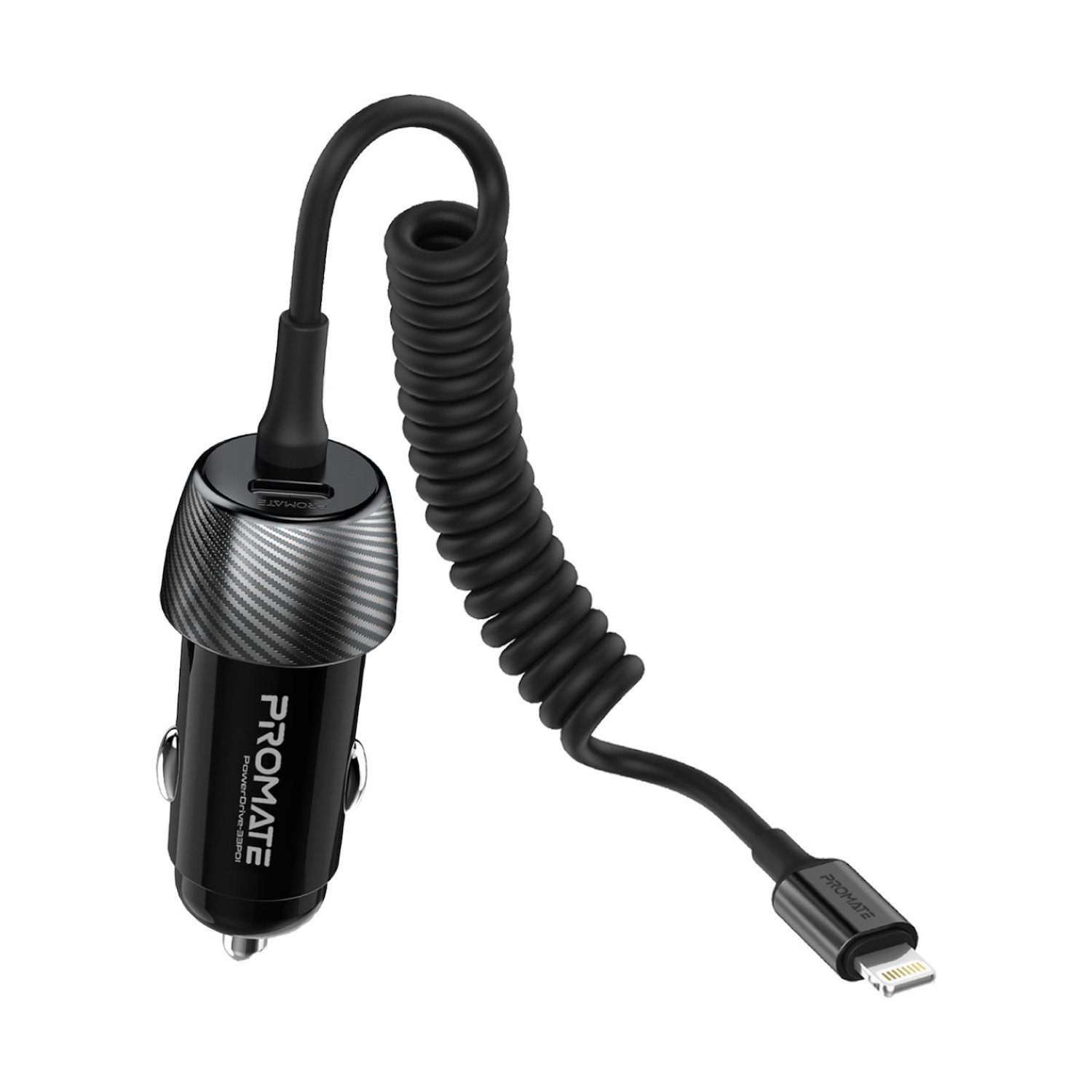 Promate Powerdrive-33Pdi 33W Car Charger With Lightning Cable andUSB-APort.Qualcomm3.0 18W Quick Charge. Over Charge And Short Circuit Protection Compatible With iPhones iPads And iPods