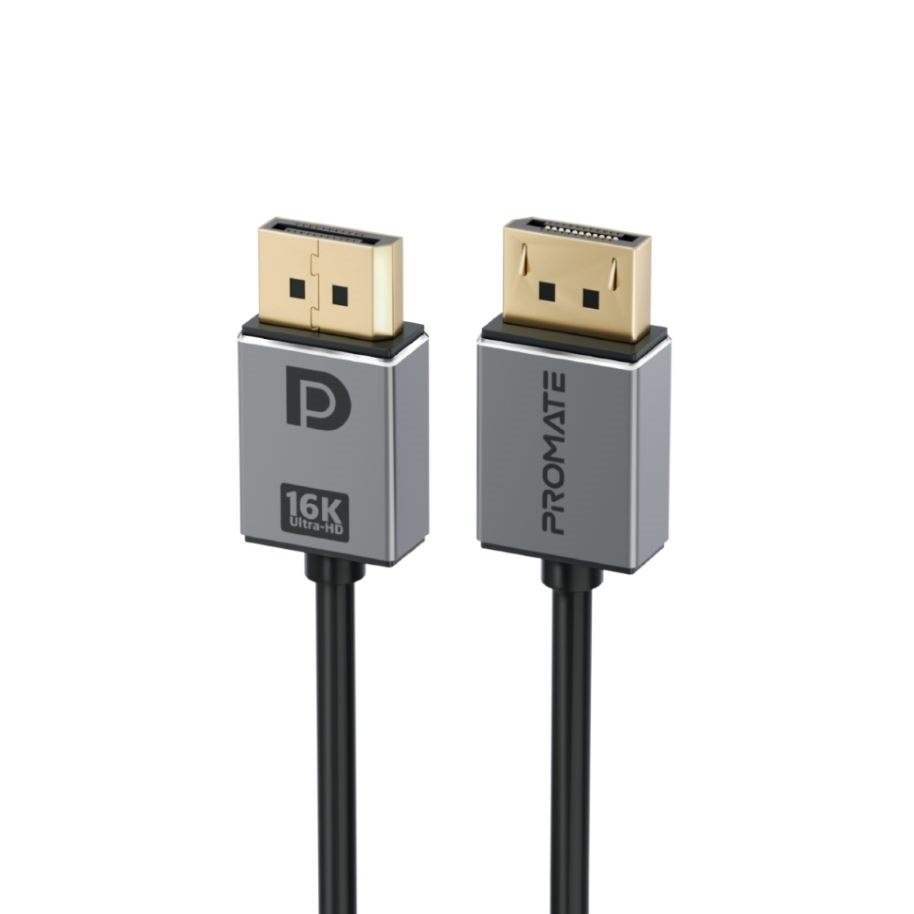 Promate Dplink-16K 16K 60Hz - 80Gbps DisplayPort Cable - 2M - Black/Grey Secure Clip Lock - Dynamic HDR - 3D Video - PVC