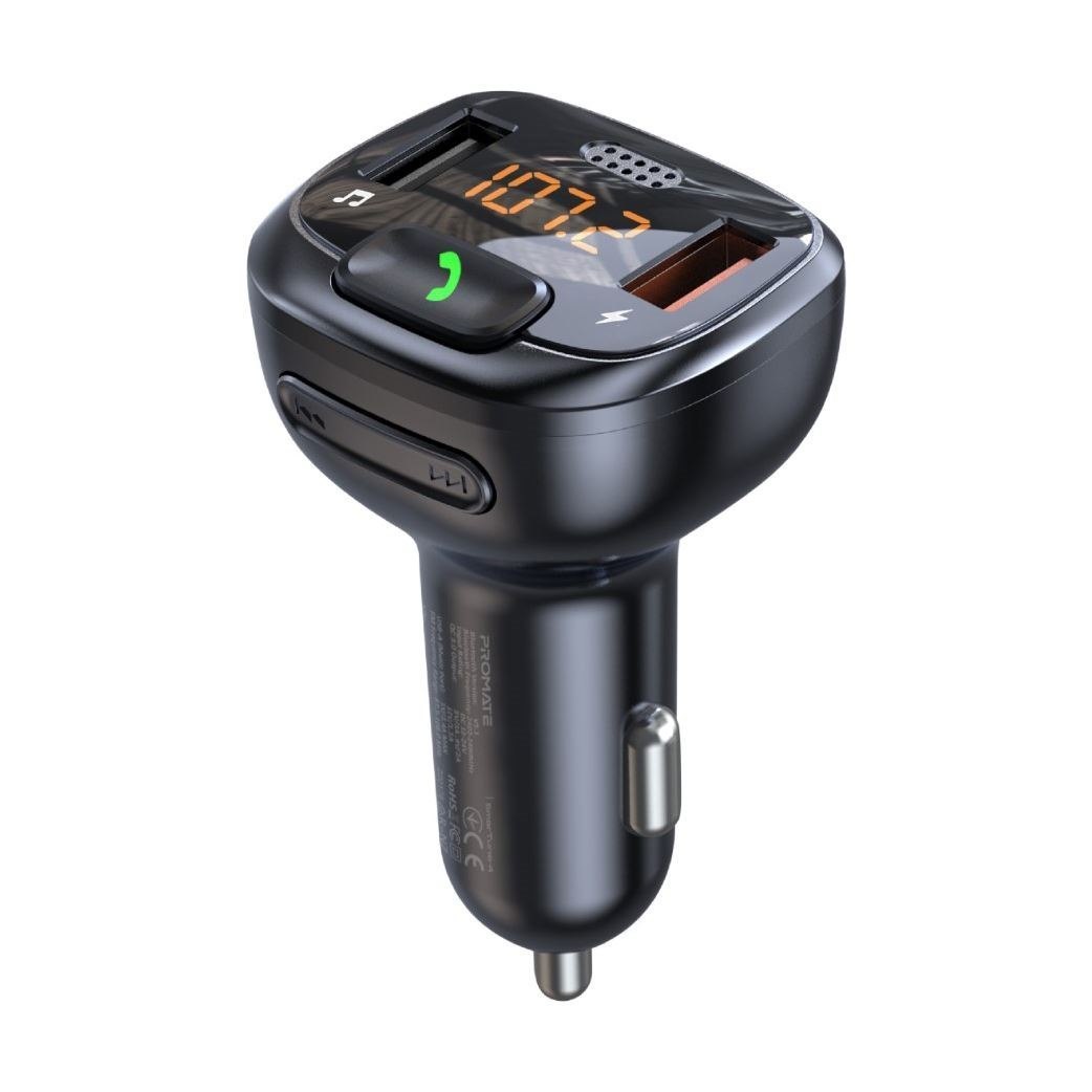 Promate Smartune-4 Wireless In-Car FM Transmitter With Handsfree & QC3.0 - Bult-In Mic Bluetooth SD CardSlot Frequency Range 87.5-108MHz Output 5V/2.4A - Black Colour
