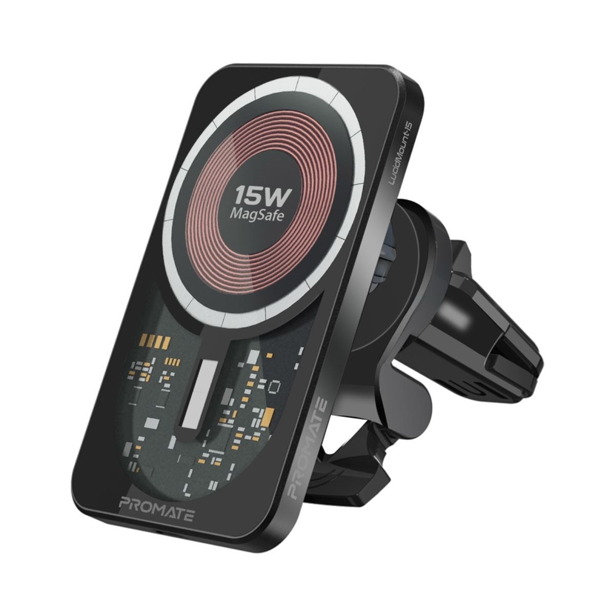 Promate Lucidmount-15 15W MagSafe Transparent In-Car Wireless Qi Phone Charger. Ultra Slim Design With Ac VentMount & Gooseneck. Strong Magnetic Hold. 360 Degree Rotation. Black Colour.