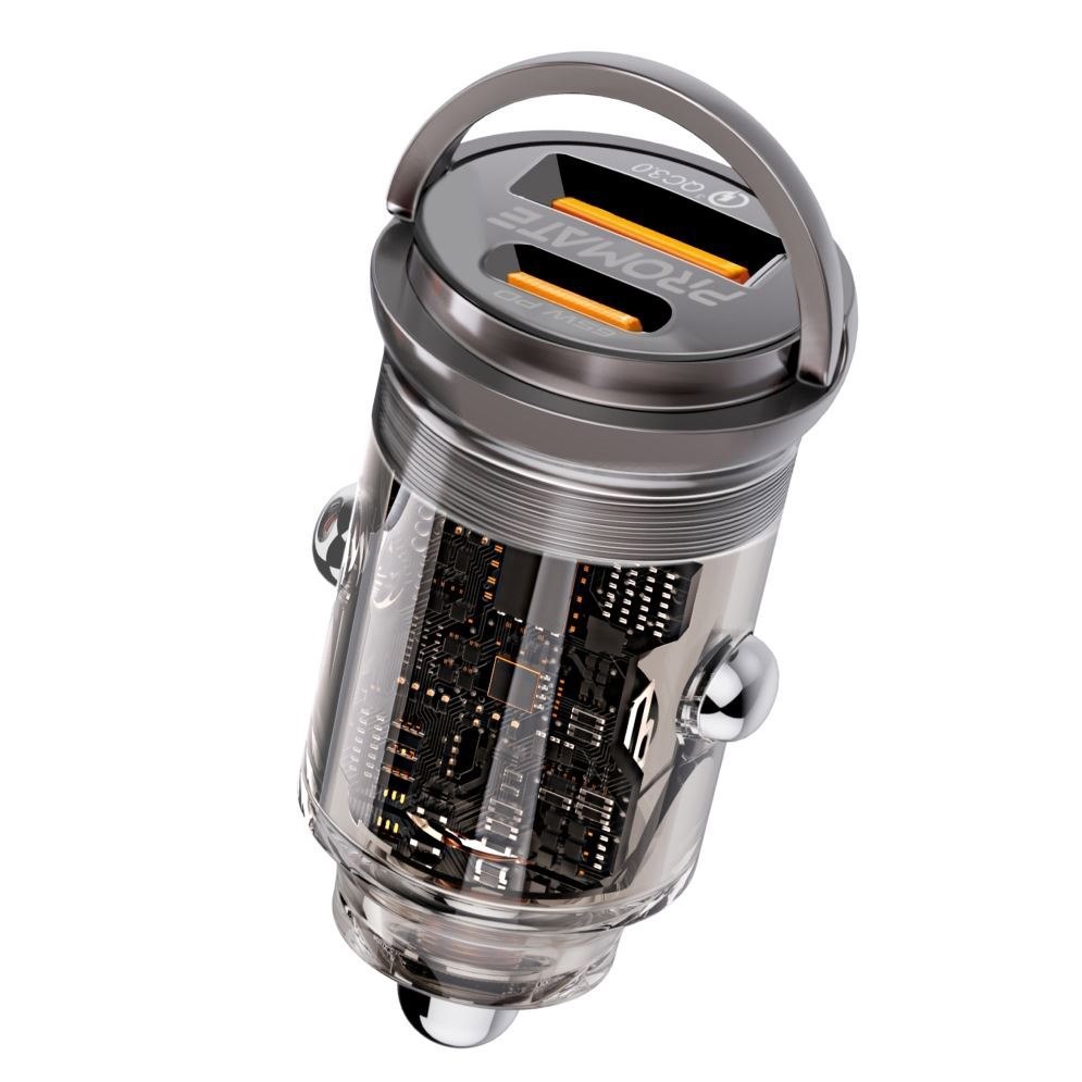 Promate 65W Quick Charging In-Car Adapter For Tablets & Smartphones. 65W PD USB-CPortforPC&TabletsQuick Charge (QC) Usb-A Port Transparent Design Super-Mini Small Adapter.