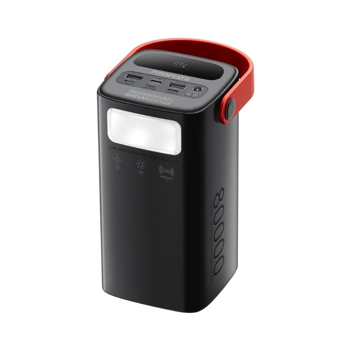 Promate Powermine-80 80000mAh High Capacity Power Bank 65W Power Delivery - Multiple Input / Output Ports - 3 Mode Led Torch Light - Sos Signal Function - Silicone Carry Handle - Charging Time 5.5HRS