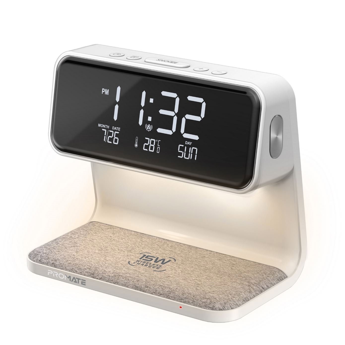 Promate Lumix-15W 3-In-1 Multi-Function Led Alarm CLock With 15W Wireless Charger 10.7LM NightLight With3 Brightness Modes - Dual Alarm With Snooze Function - 12Hr/24Hr Time - Requires Usb Wall Charge