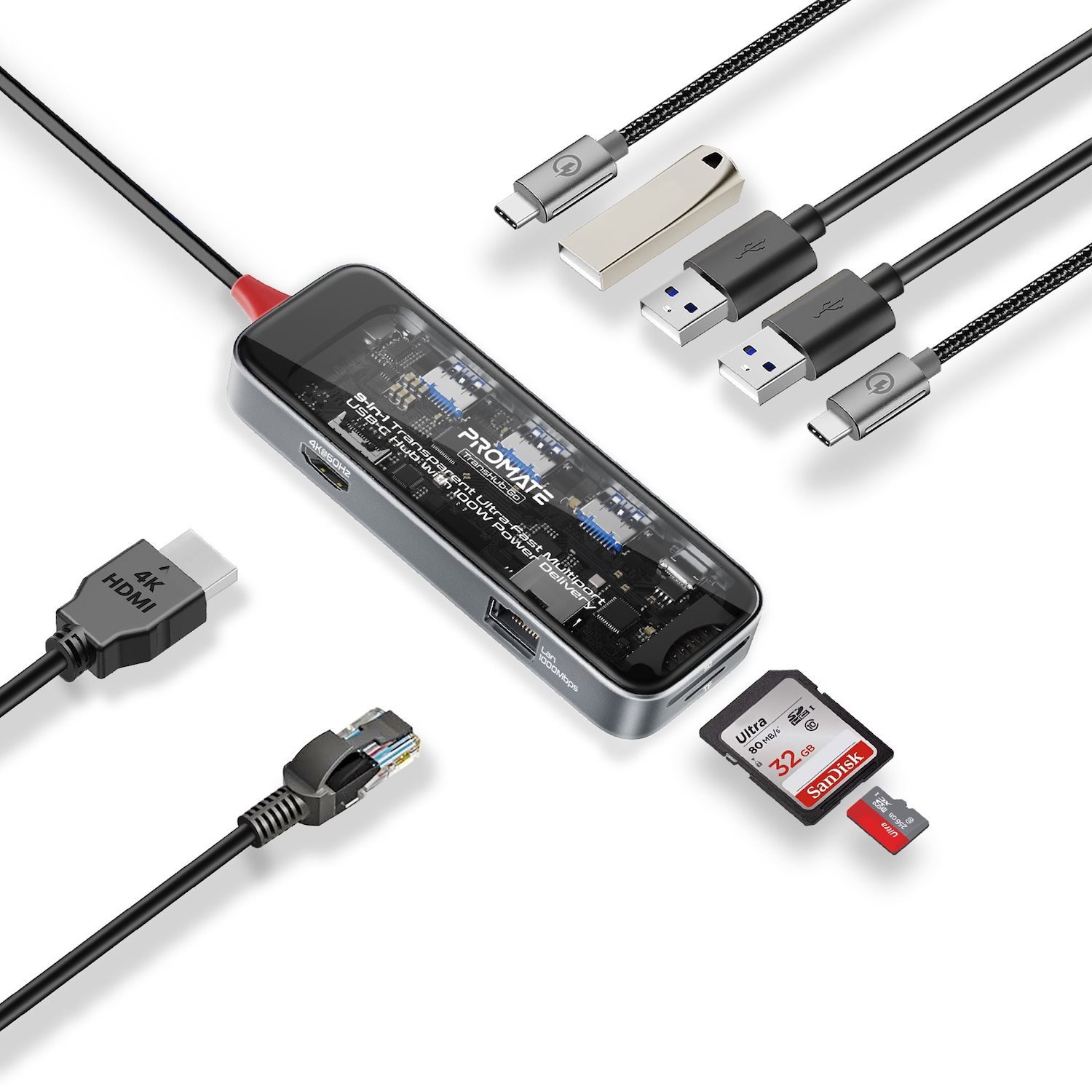 Promate 9-In-1 Usb Multi-Port Hub With Usb-C Connector - Transparent 100W PD - 4K Hdmi Port - RJ45 Port - Usb-A 3.0 / 2.0 Ports - SD / TF Card Slots