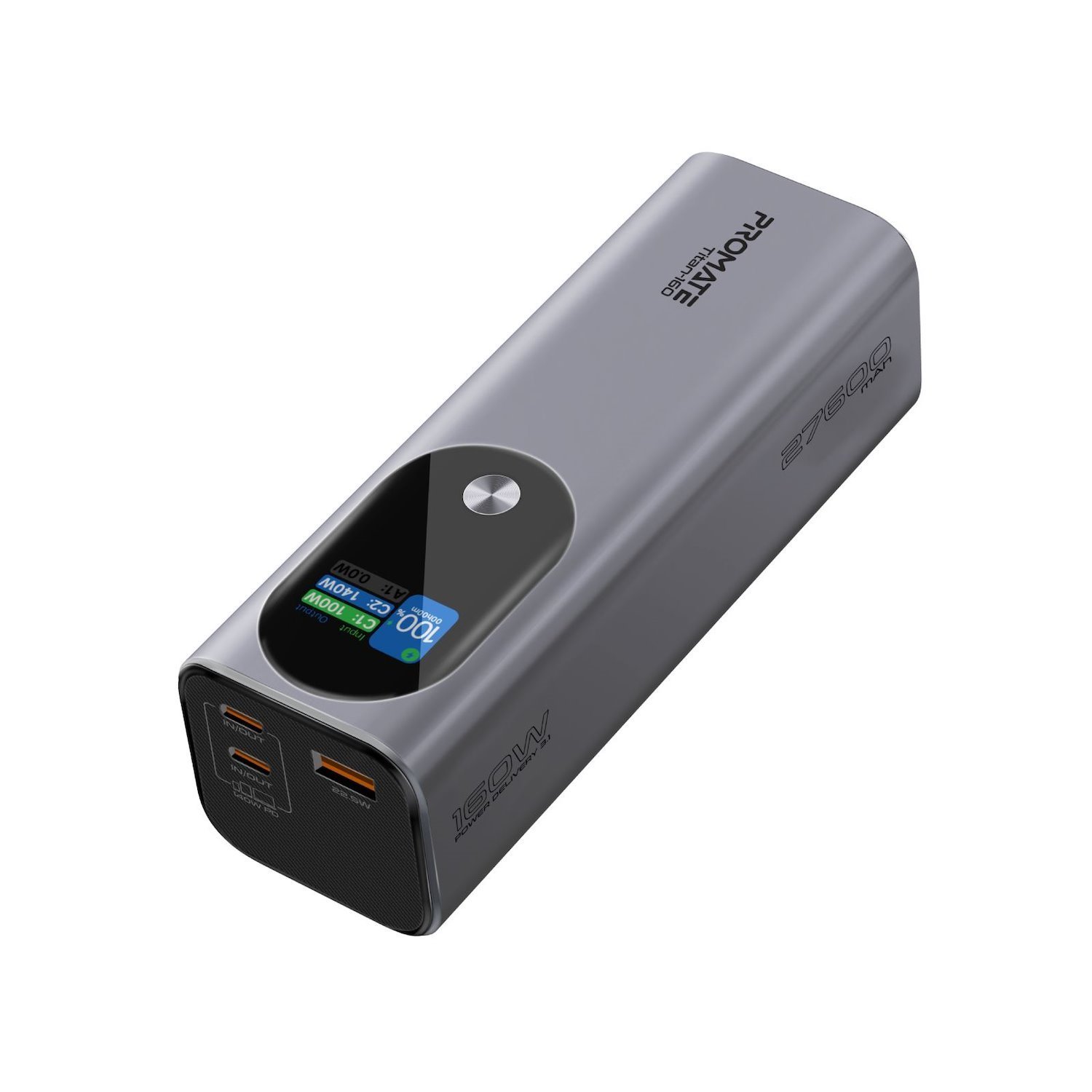 Promate Titan-160 27600mAh 160W Ultra Compact Aluminium Power Bank PD 3.1 - LCD Screen - Supports 1X 100W & 1X 140W Usb-C Ports & 1X 22.5W QC Usb-A Ports - Charge 3X Devices At The Same Time