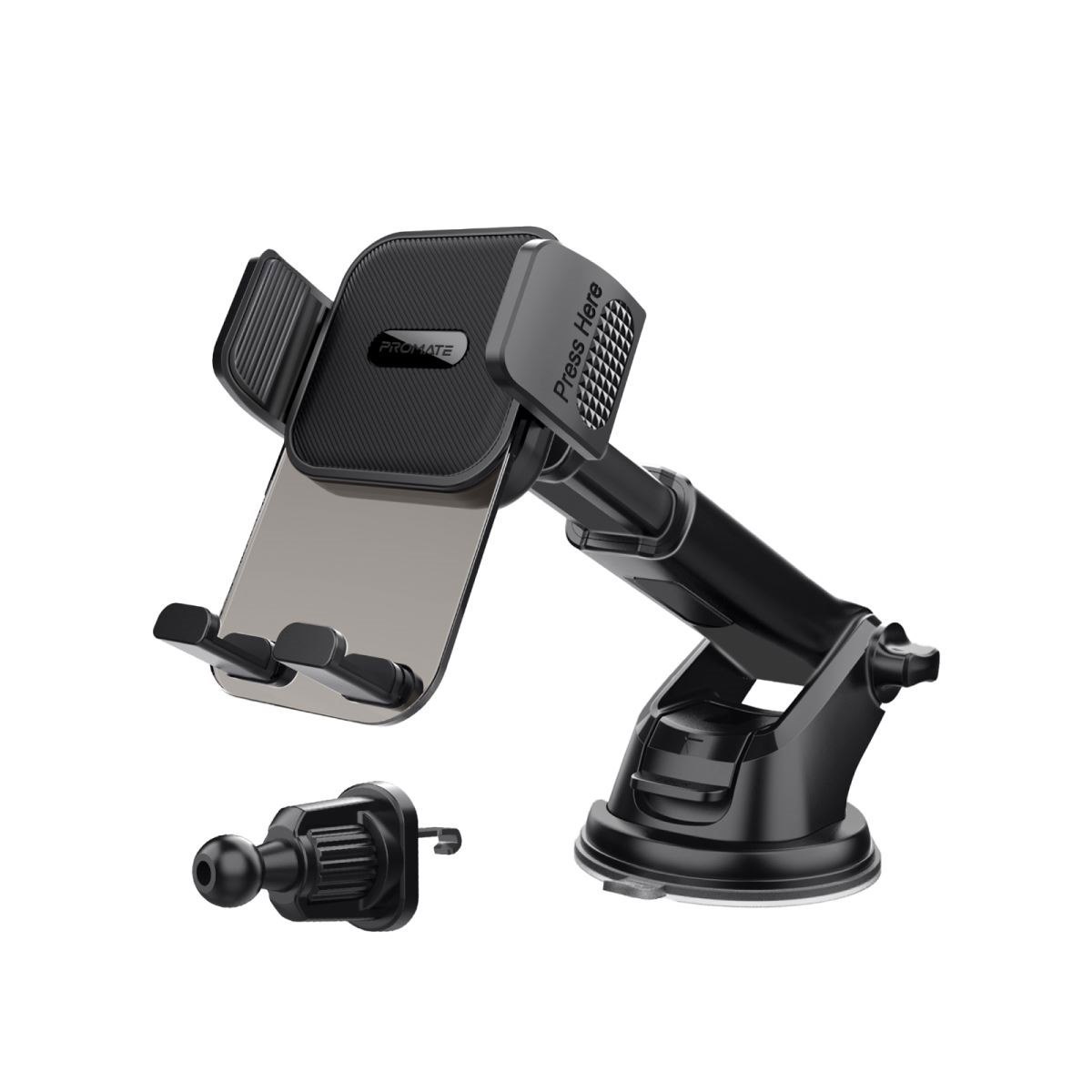 Promate Transhold-Ext Secure Smartphone Holder With Multiple Mounting Options. SecureAnti-slip. 2In1 Kit For Dashboard Windshield & Ac Vent. Extendable Arm.