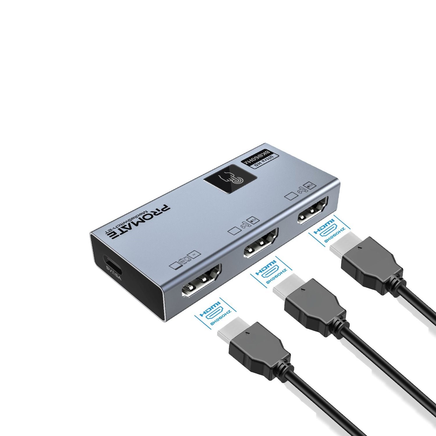 Promate Mediaswitch-2T Hdmi Switch With Smart Touch Control. Include 2X Hdmi Output Ports. 1xHDMIInput. Supports Up To Uhd 8K 60Hz. Plug & Play.