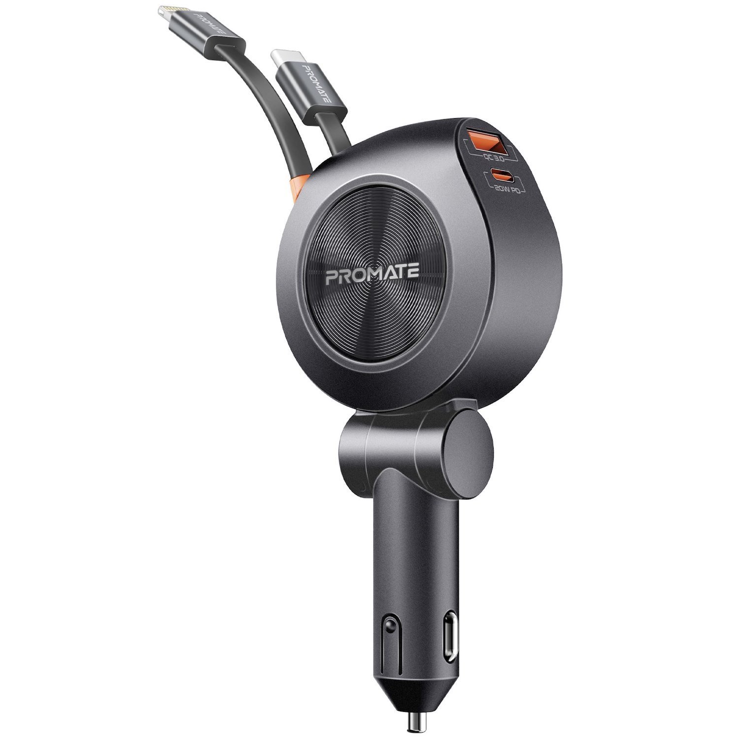 Promate Drivegear-R2 88W Multi-Port Incar Phone Charger - 80CM Black - With Dual Rectractable Usb-C & Lightning Cables. 20W Usb-C Port 18W QC3.0 Port 30W Usb-C Cable 20W Lightning Cable