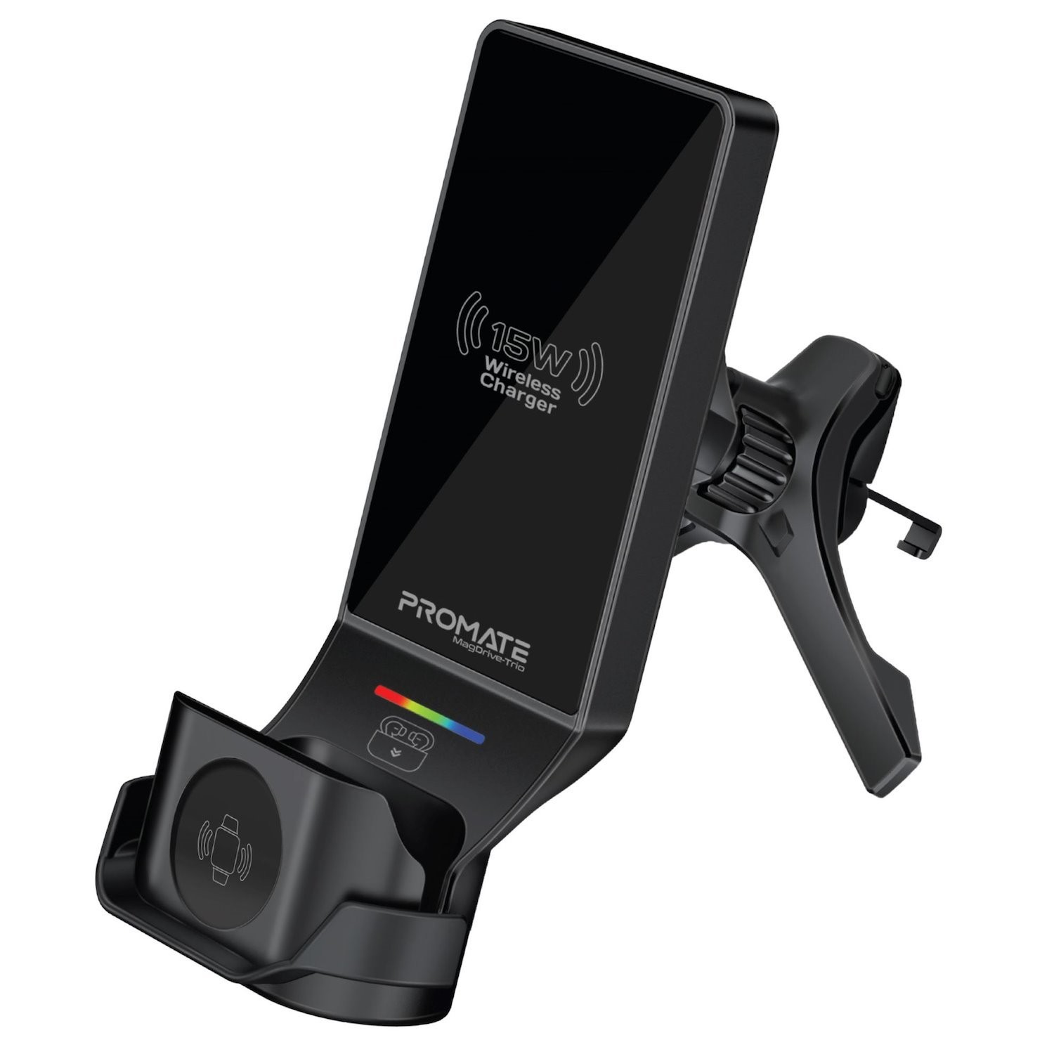 Promate Magdrive-Trio 15W 3-In-1 MagSafe InCar Qi2 Phone Wireless Charging Station Mount - Black 4.5W AirPods Charger 3.5W Apple Watch Charger Led Light Indicator.1M Cable Include