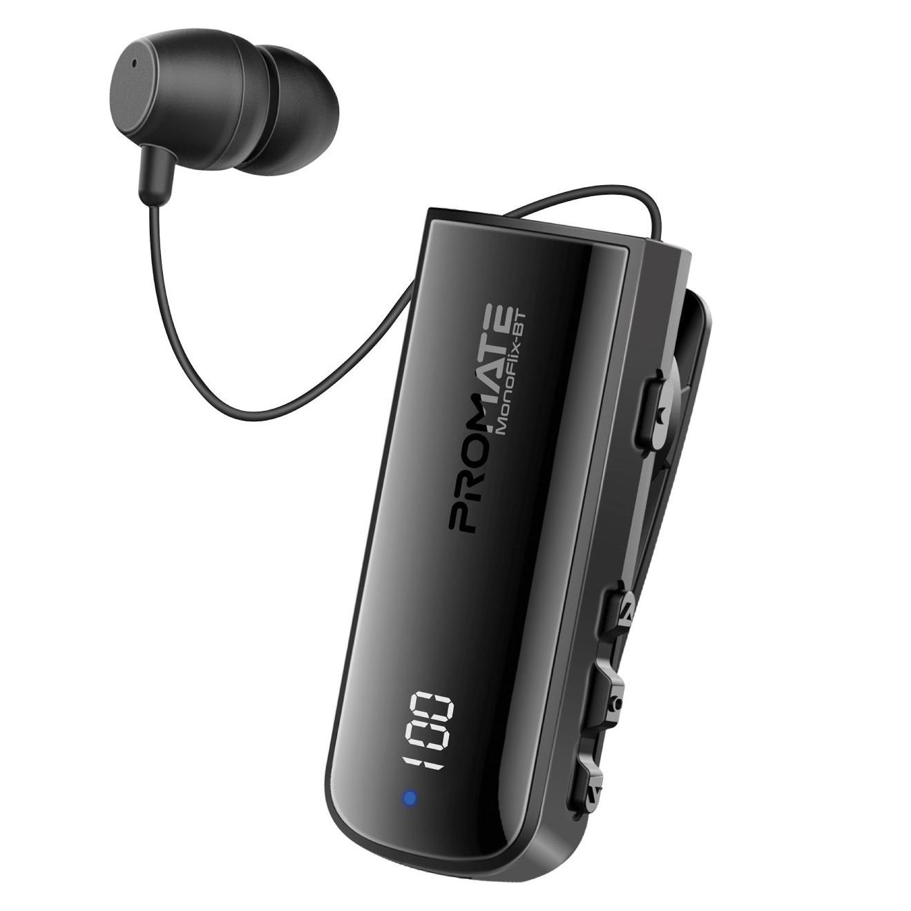 Promate MonoFlix-BT Mono Bluetooth Earphone With Dynamic HD Sound & Builtin Mic Retractable - Black Vibrating Alerts - Ipx7 Waterproof - 22HRS Playtime - Volume Control - Noise Reduction - Crystal Cle