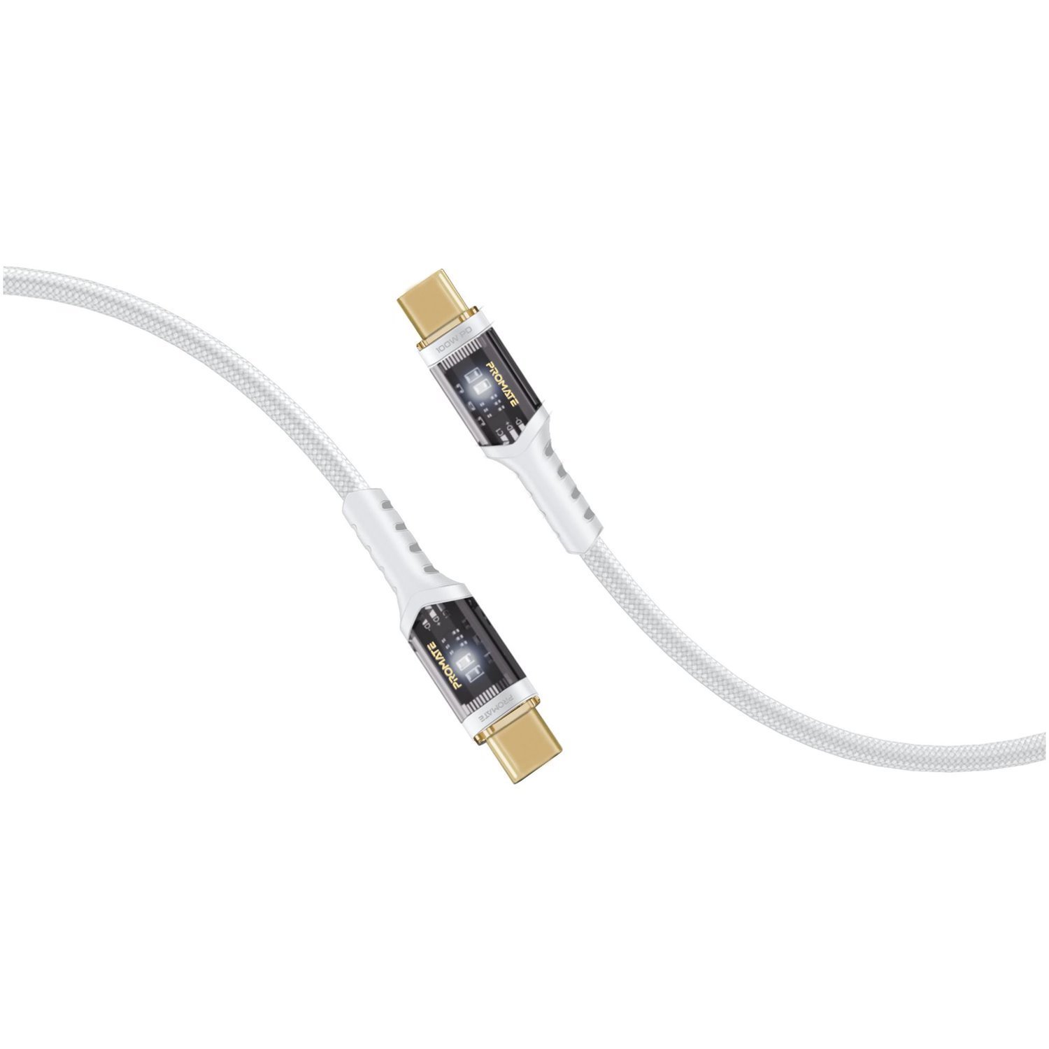 Promate Lucidline-Cc120w 100W PD - 480Mbps Usb-C Cable - 1.2M - White Transparent Connectors - Led Light - Gold Plated Connectors - Data & Charge