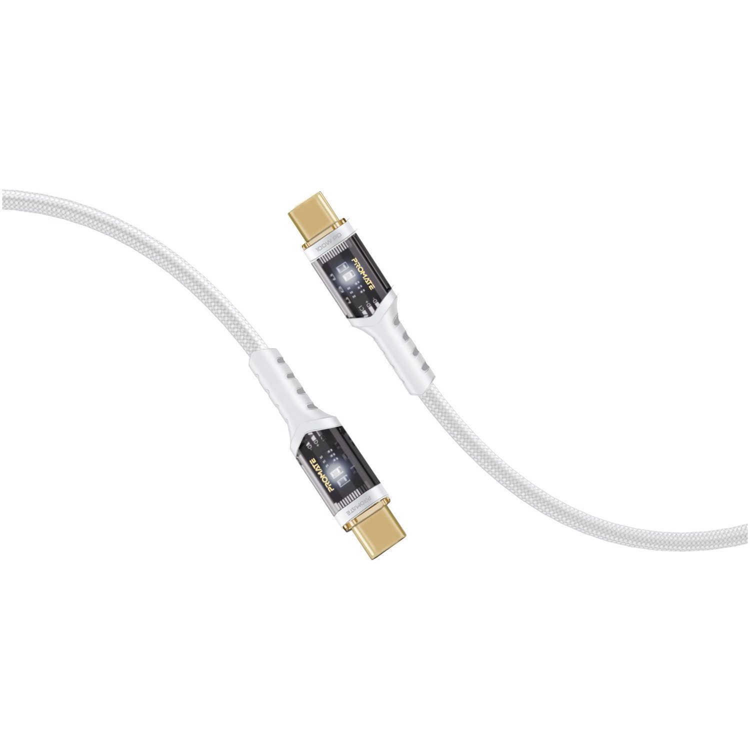 Promate Lucidline-Cc200w 100W PD - 480Mbps Usb-C Cable - 2M - White Transparent Connectors - Led Light - Gold Plated Connectors - Data & Charge