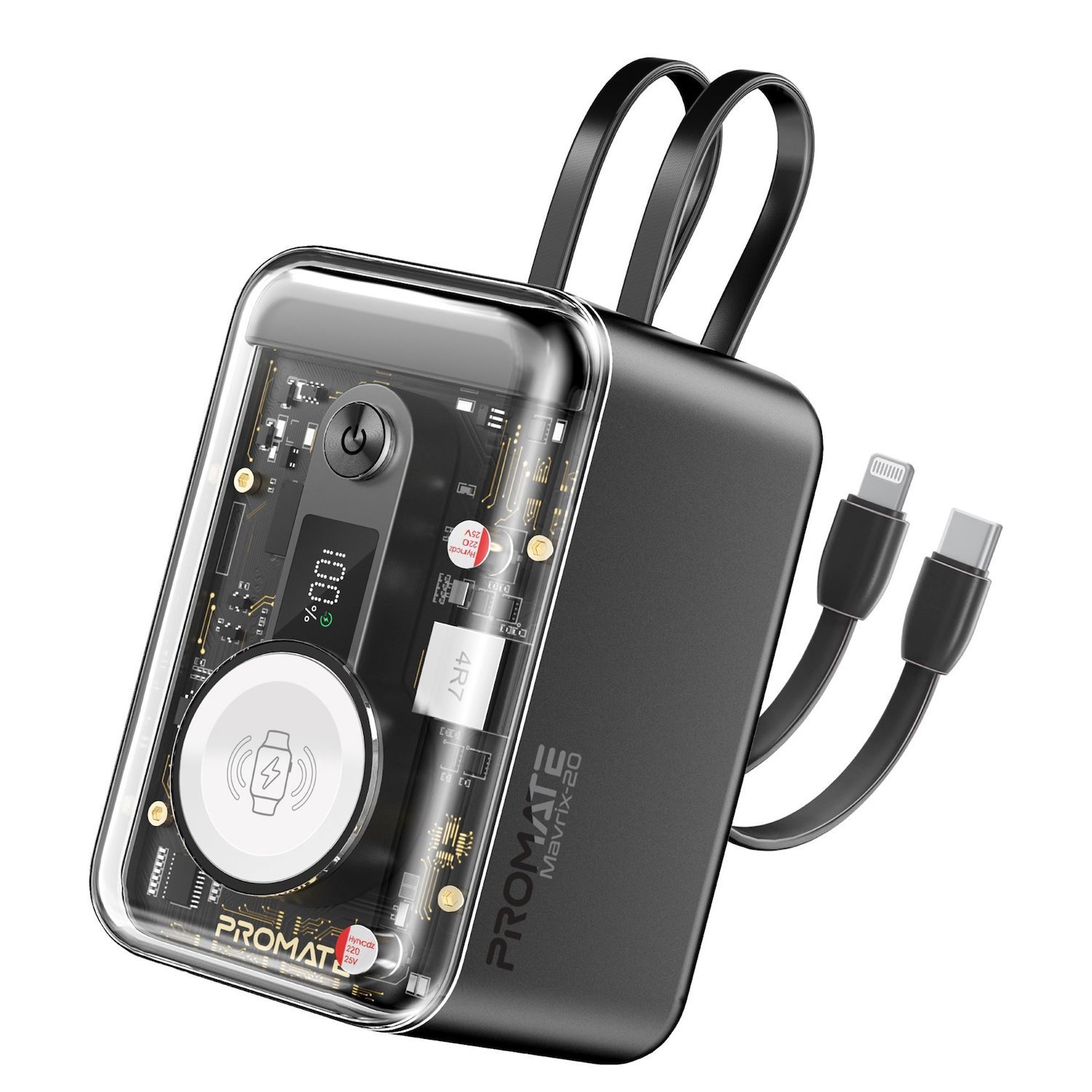 Promate 20000mAh 4-In-1 Smartphone & Apple Watch Charging Power Bank Dual Usb-C & Lightning Cable Connectors - 35W PD Usb-C In/Out QC 3.0 Port - Smart Led Display