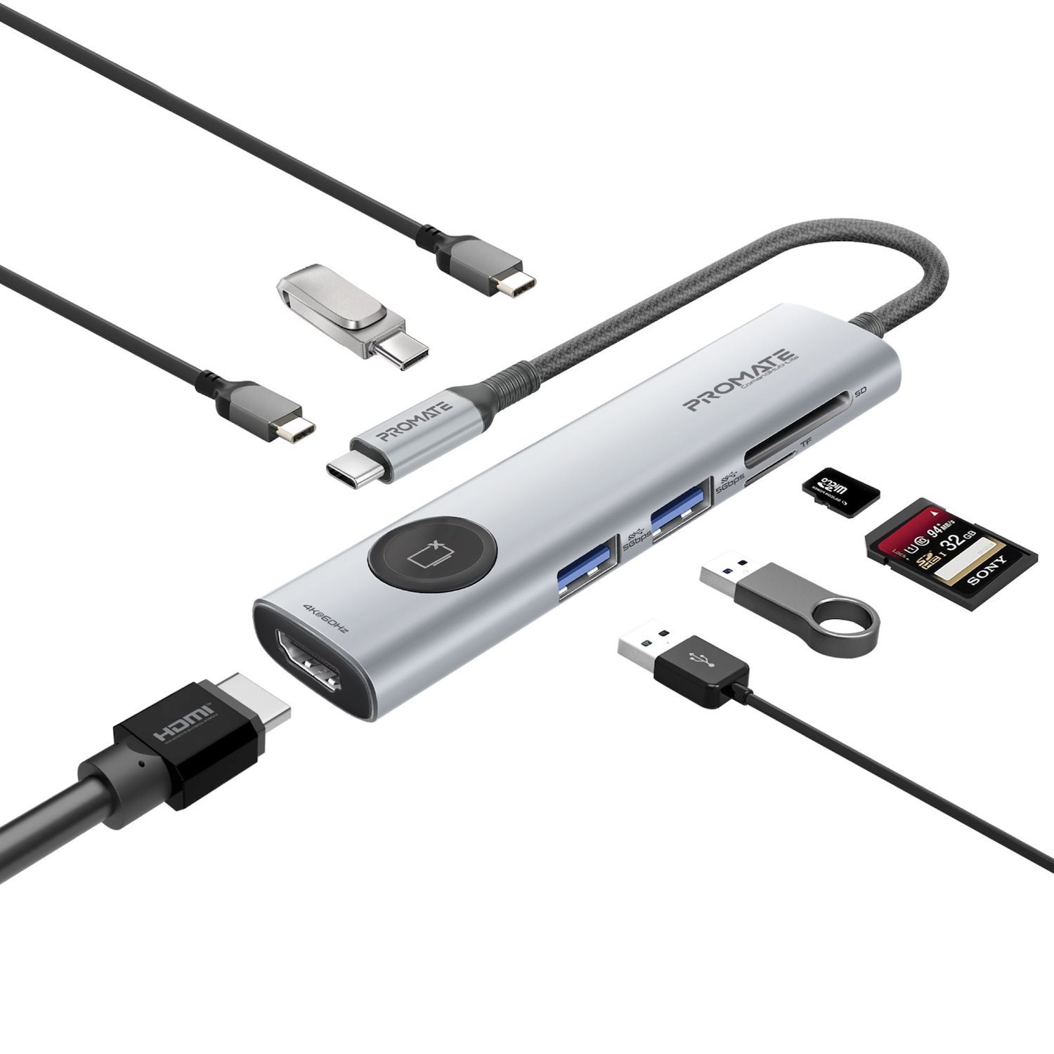 Promate 7-In-1 Usb Multi-Port Hub With Usb-C Connector - Includes 1X Hdmi Port 2X Usb-A 5V/1A Ports 1X Usb-C 100W PD Port 2X Usb-C 5V/1A Ports SD/TF Card Reader